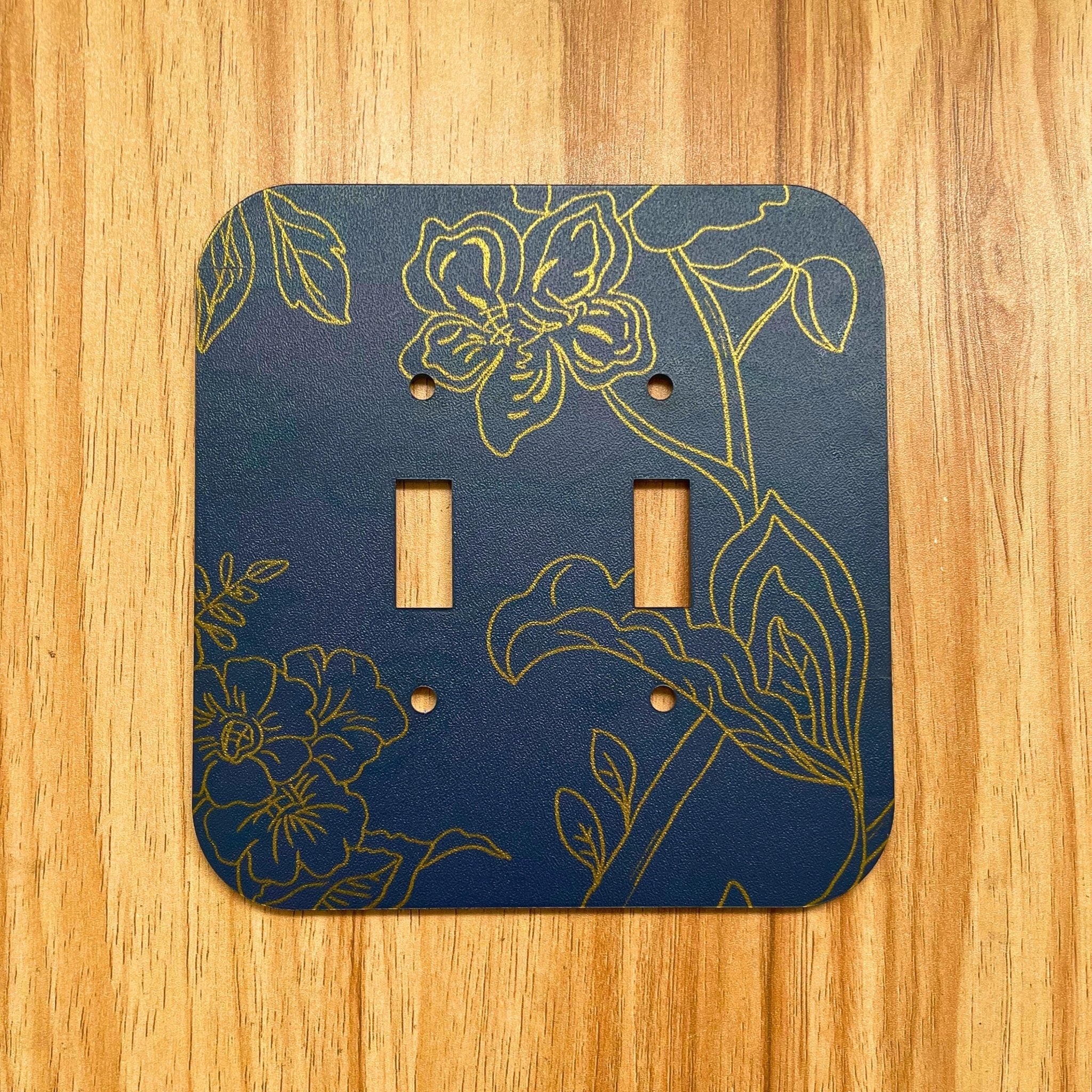 Decorative Light Switch Cover – Floral Blue & Gold Wall Plate, Modern Accent Switch Cover - by MirrorPop. Handmade acrylic art.