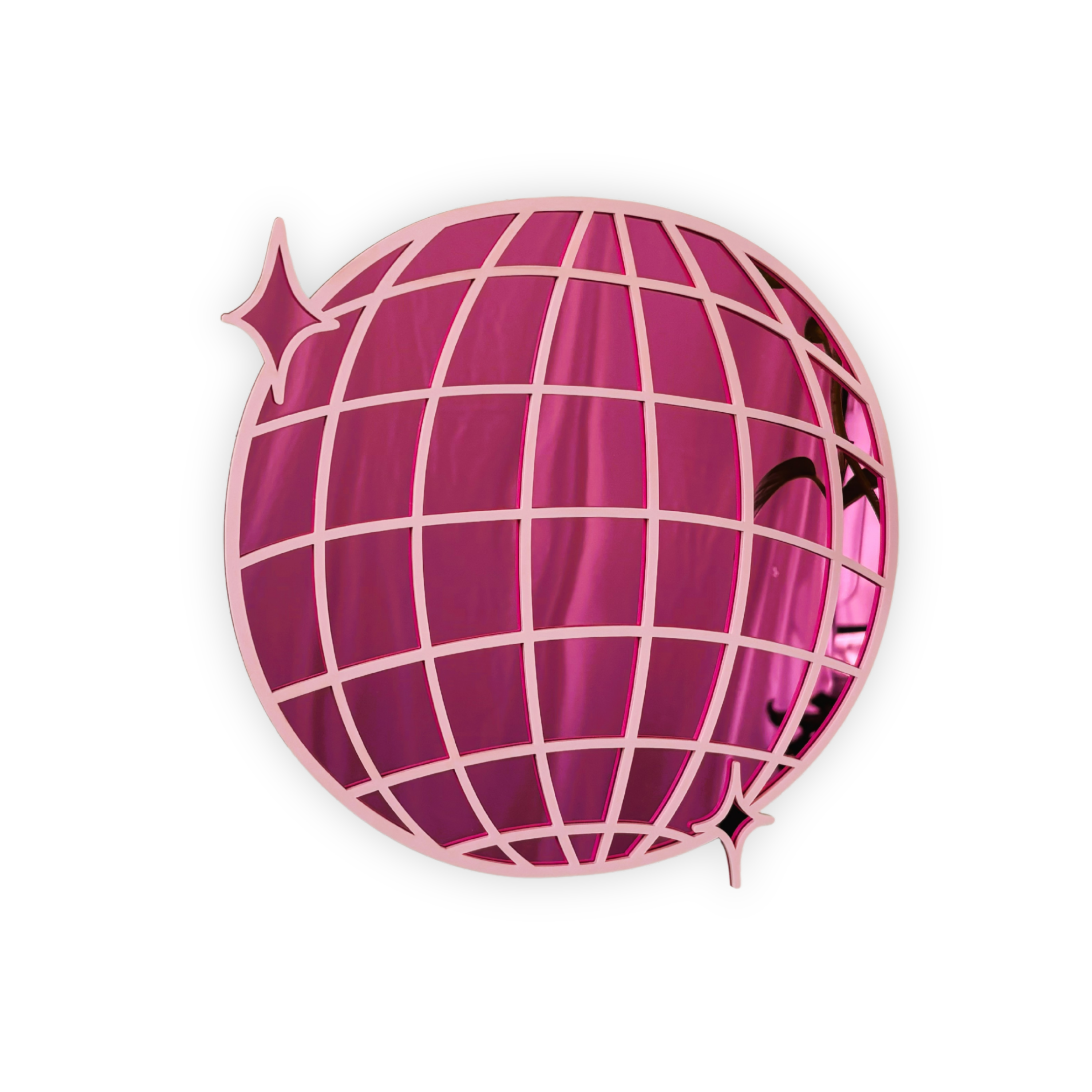 Pink disco ball with grid pattern on a white background