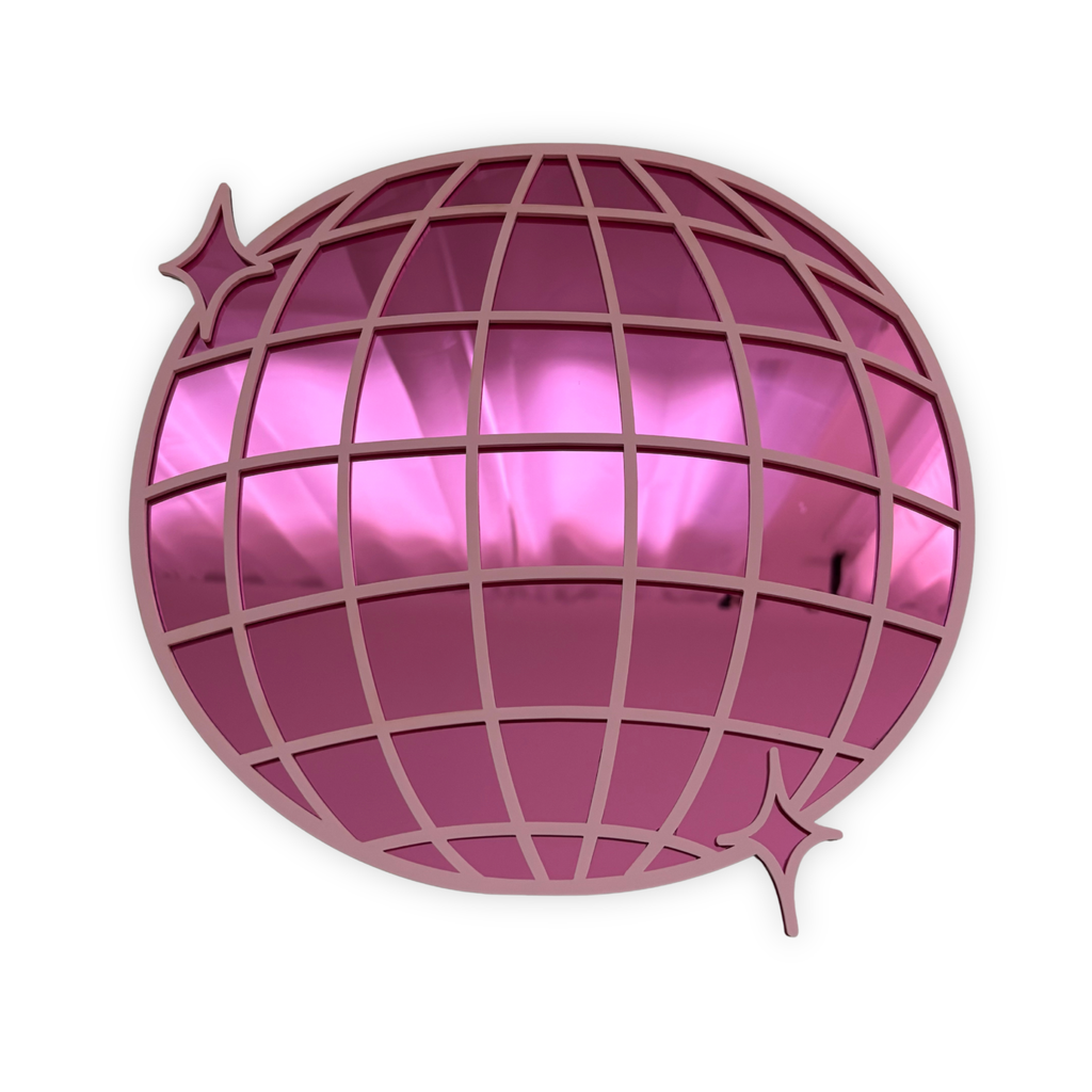 Pink metallic globe-shaped object on a white background