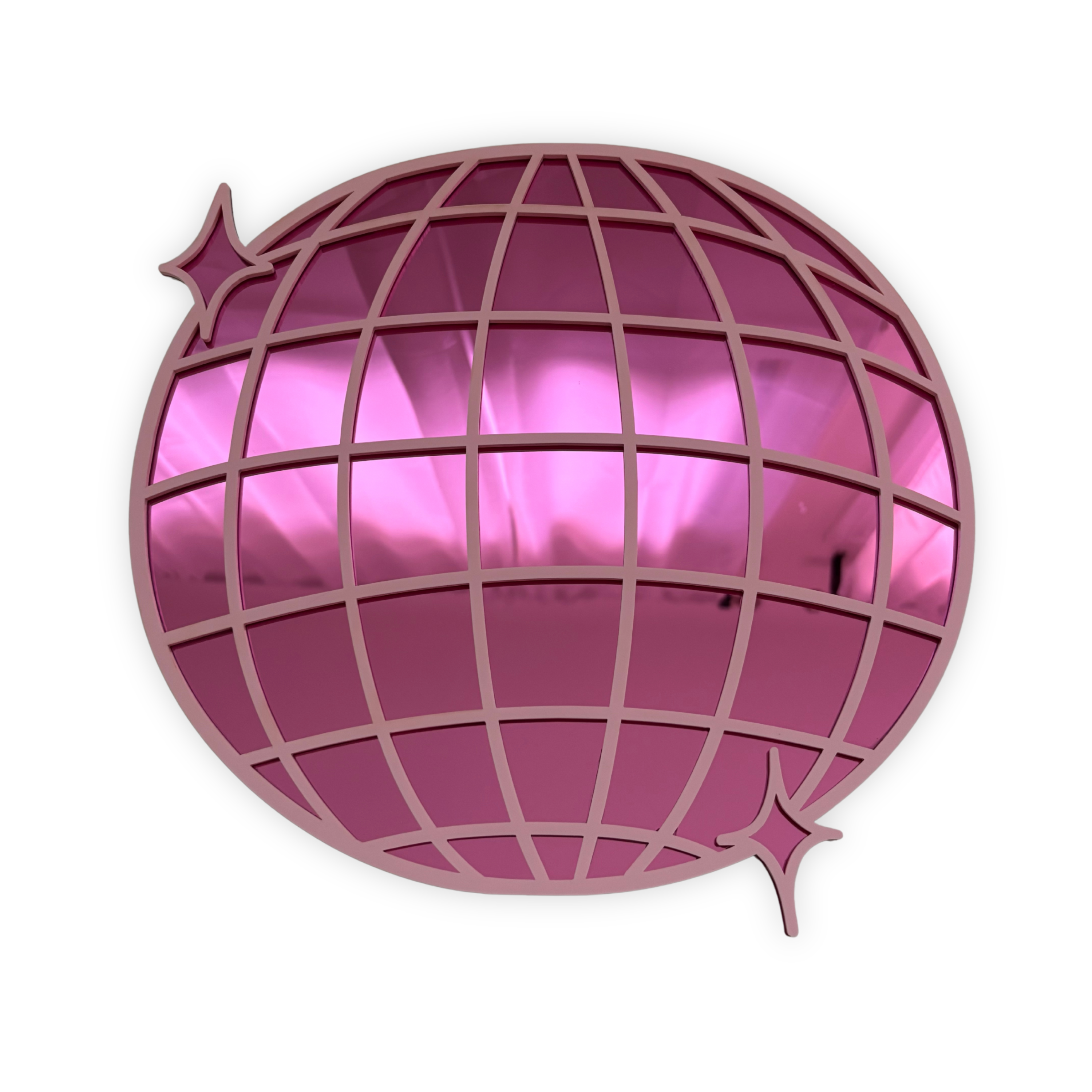 Pink metallic globe-shaped object on a white background