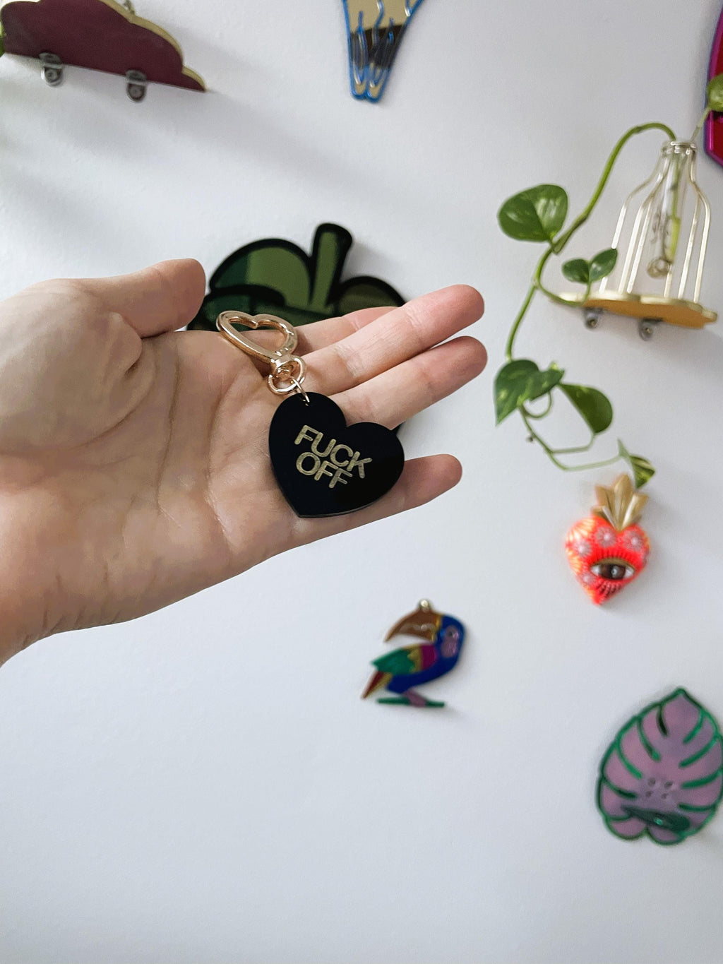 Fuck You Fuck Off Trinket Bag Charm Key Chain | Handmade Heart Black Acrylic