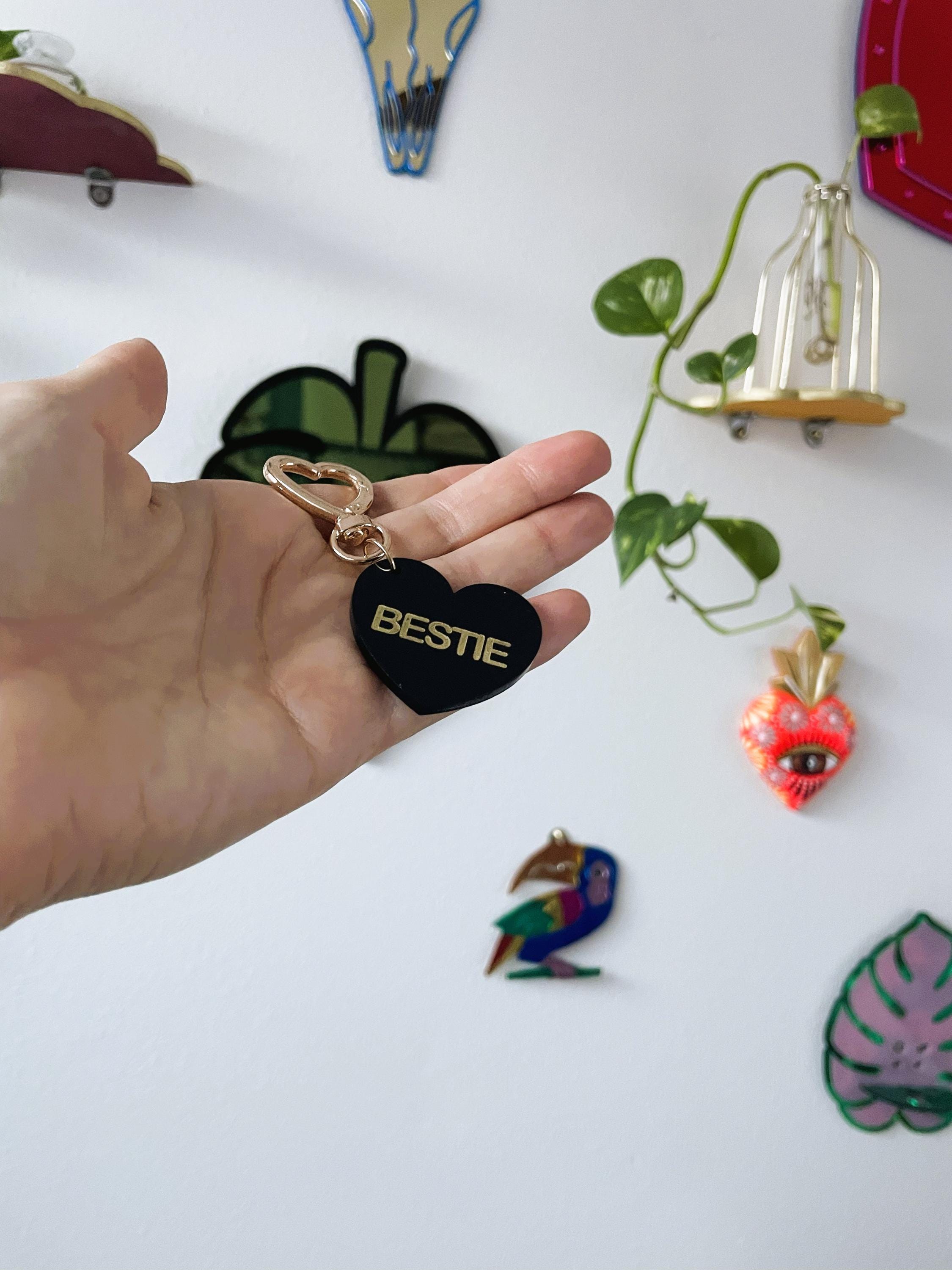 Bestie Trinket Bag Charm Key Chain | Handmade Heart Black Acrylic