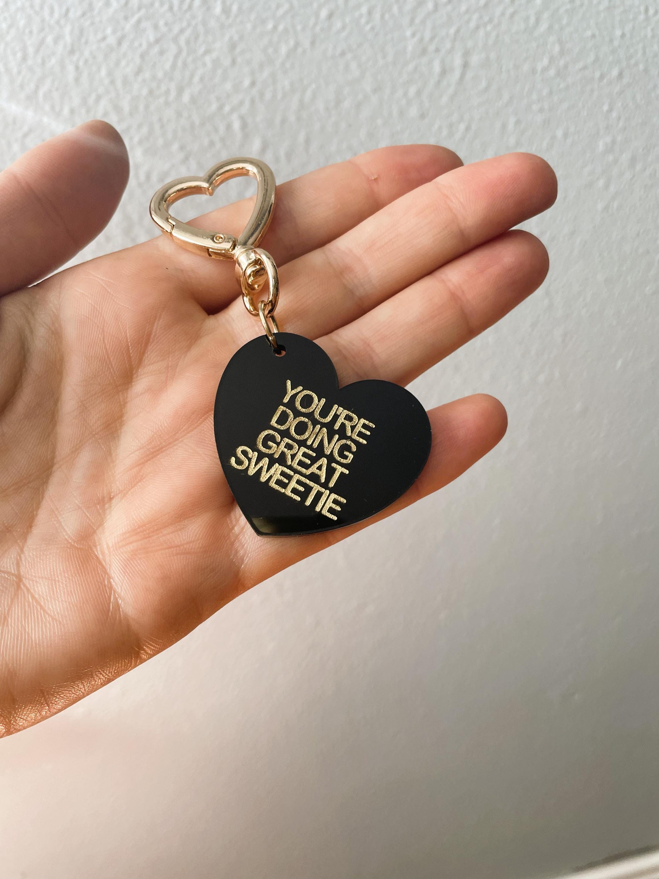You're Doing Great Sweetie Trinket Bag Charm Key Chain | Handmade Heart Black Acrylic
