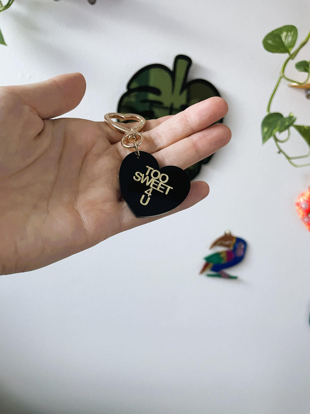 Too Sweet 4 You Trinket Bag Charm Key Chain | Handmade Heart Black Acrylic