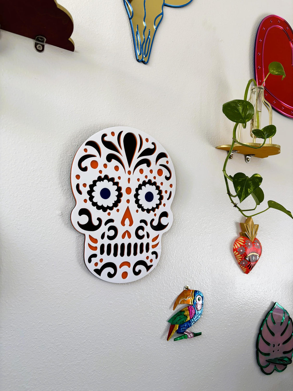 Decorative skull magnet on a white surface with other magnets in the background