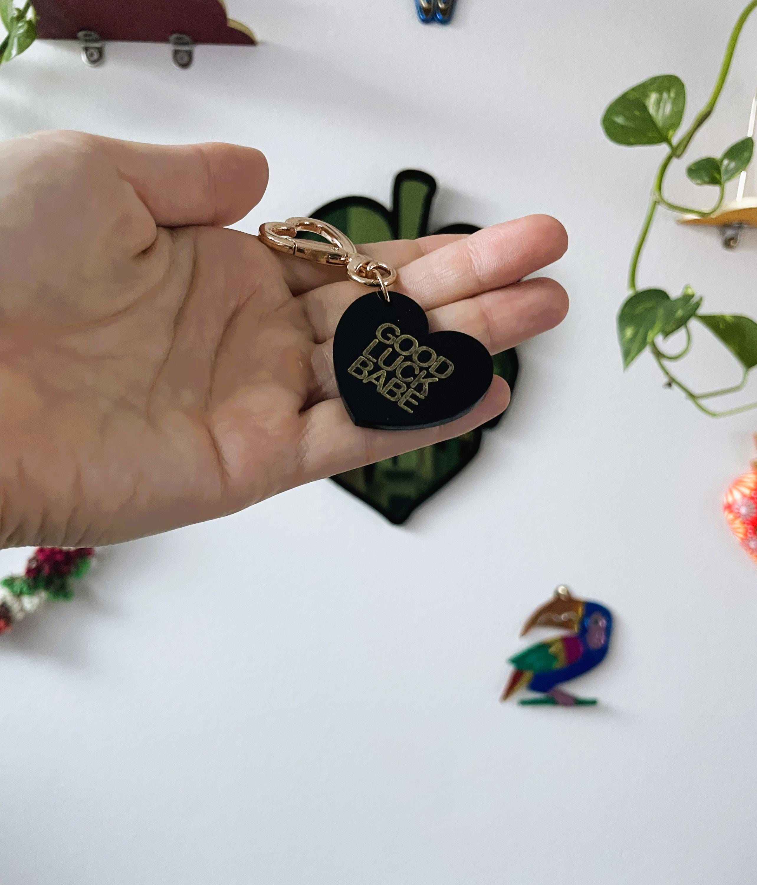 Good Luck Babe Trinket Bag Charm Key Chain | Handmade Heart Black Acrylic