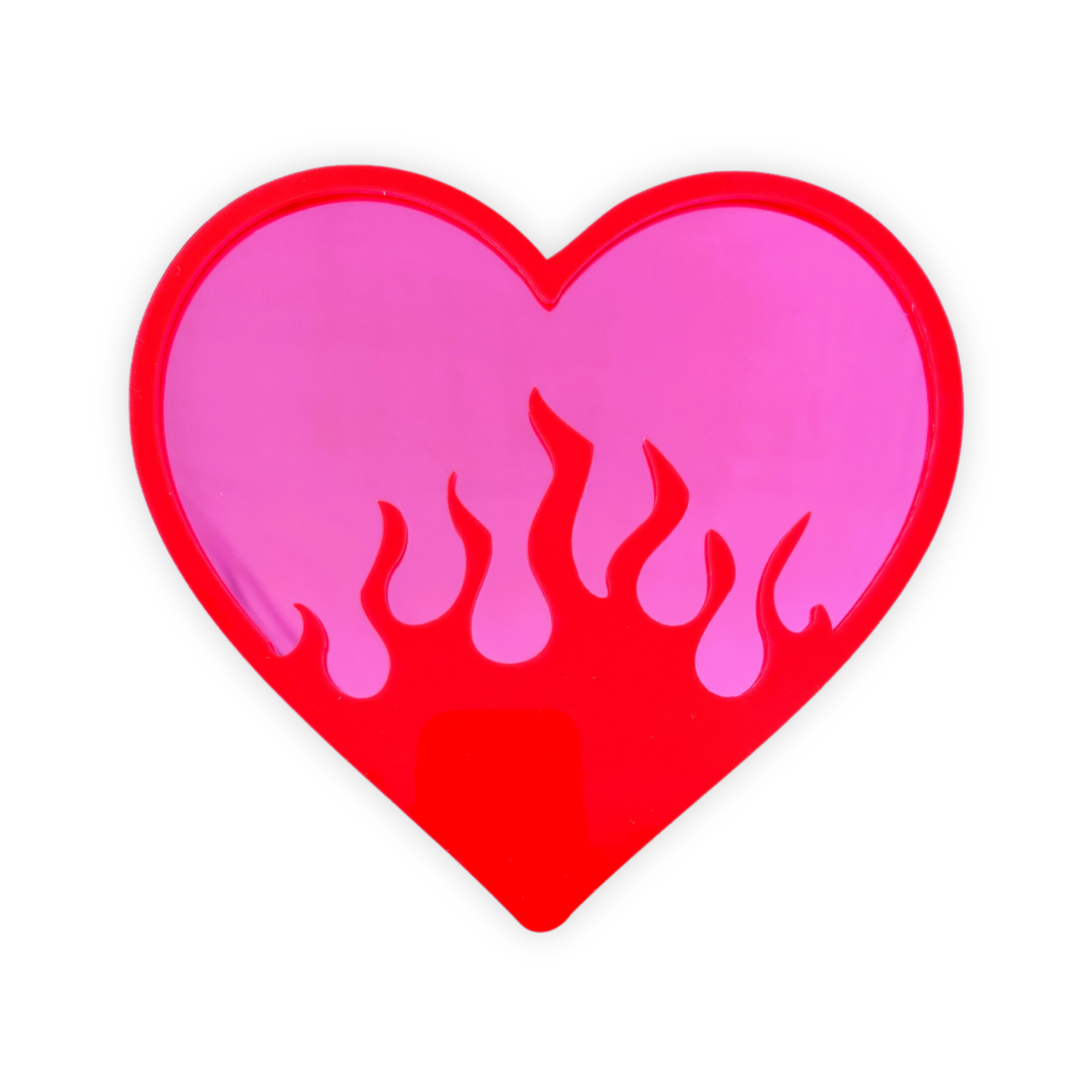 Heart-shaped acrylic mirror with pink red flames on a white background