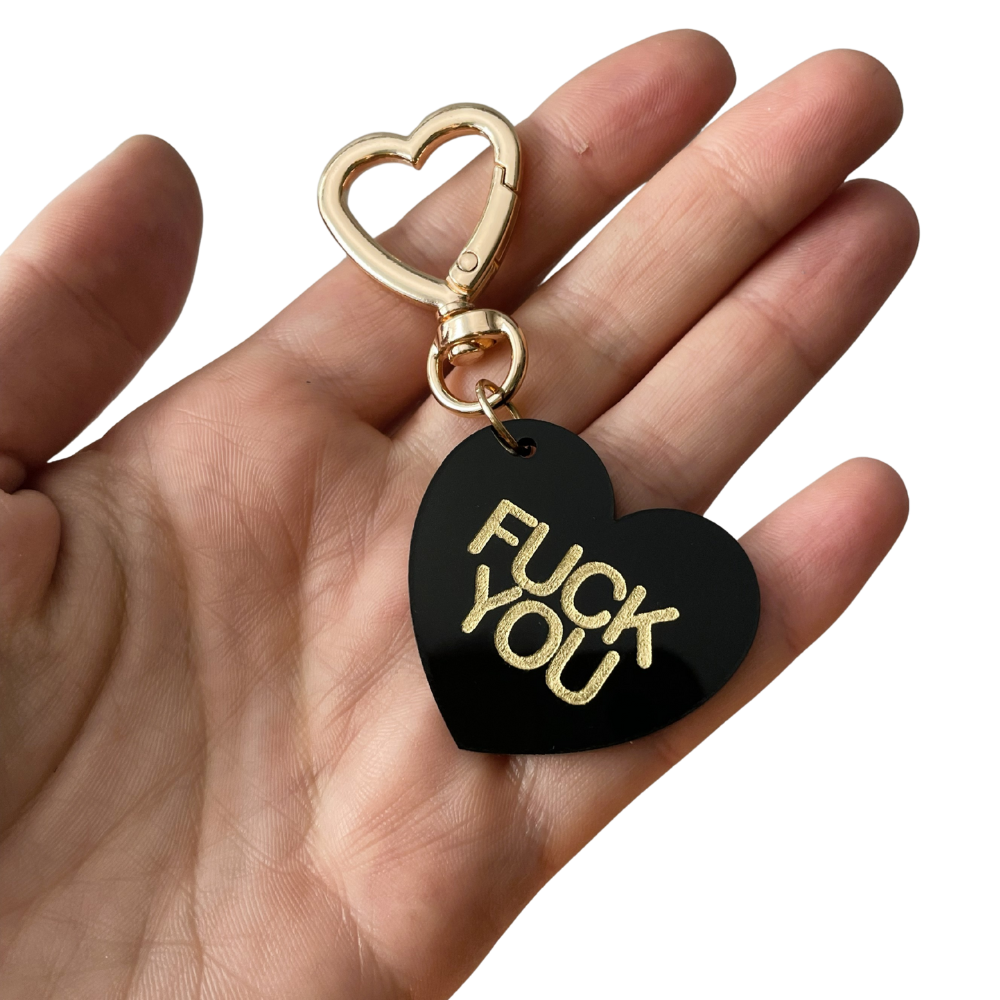 Fuck You Fuck Off Trinket Bag Charm Key Chain | Handmade Heart Black Acrylic