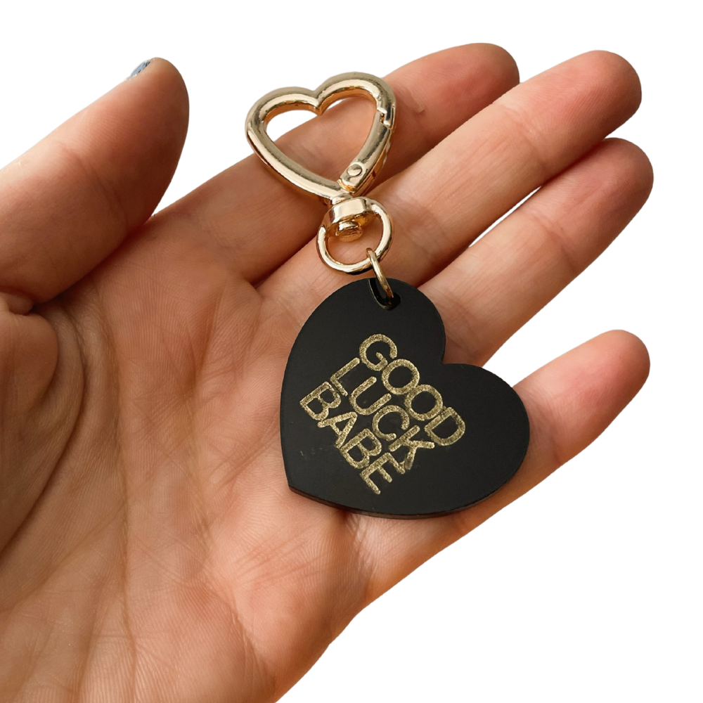 Good Luck Babe Trinket Bag Charm Key Chain | Handmade Heart Black Acrylic