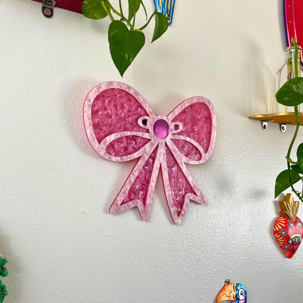 Handmade Pink Acrylic Bow Mirror – Funky Pop Art Wall Decor - by MirrorPop. Handmade acrylic art.