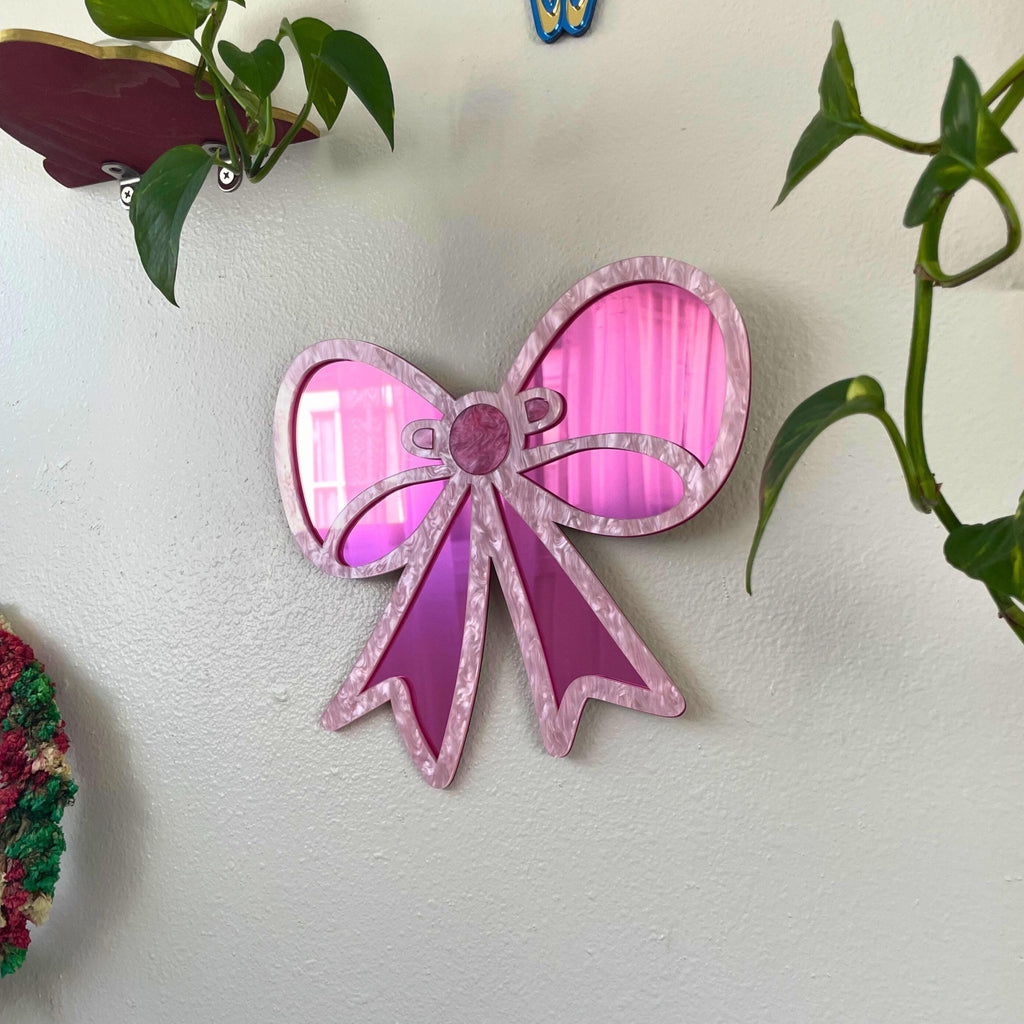 Handmade Pink Acrylic Bow Mirror – Funky Pop Art Wall Decor - by MirrorPop. Handmade acrylic art.