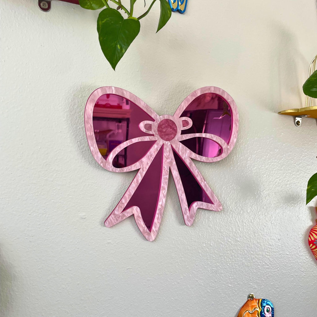 Handmade Pink Acrylic Bow Mirror – Funky Pop Art Wall Decor - by MirrorPop. Handmade acrylic art.