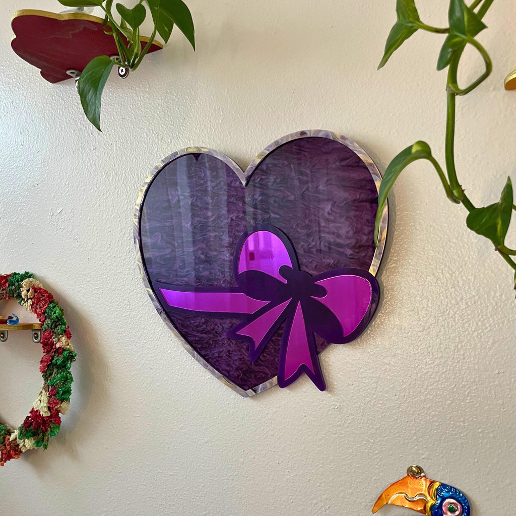 Handmade Purple Heart Acrylic Mirror - Pop Art Bow Wall Decor - by MirrorPop. Handmade acrylic art.