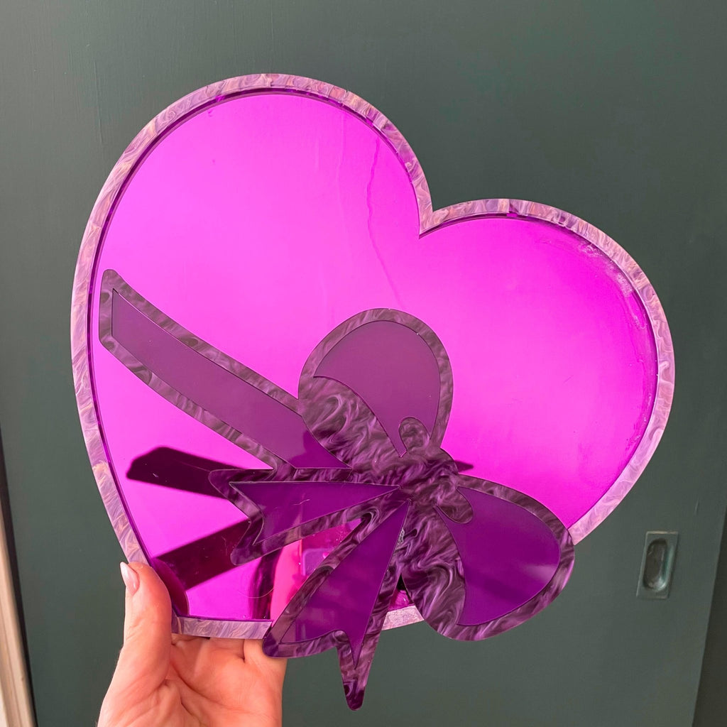 Handmade Purple Heart Acrylic Mirror - Pop Art Bow Wall Decor - by MirrorPop. Handmade acrylic art.