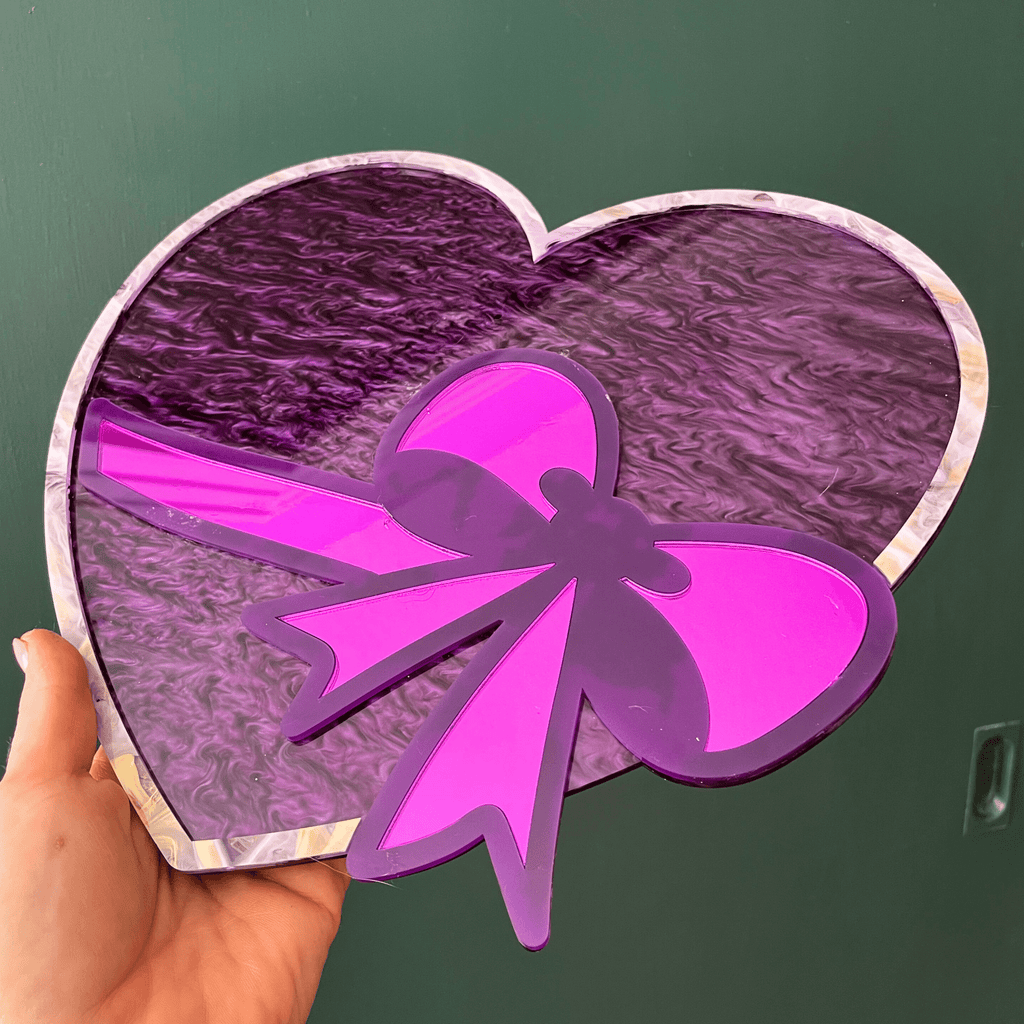 Handmade Purple Heart Acrylic Mirror - Pop Art Bow Wall Decor - by MirrorPop. Handmade acrylic art.