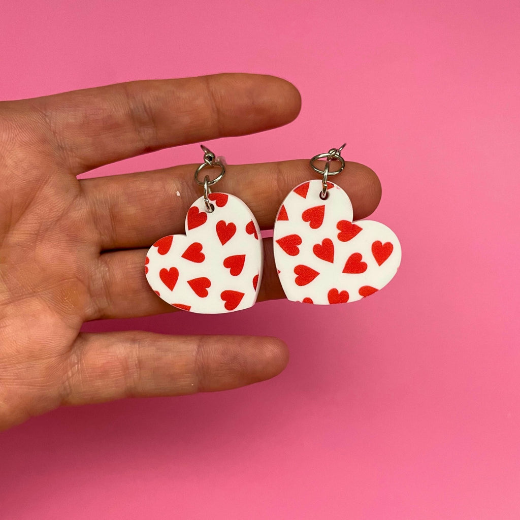Heart Earrings – Valentine’s Day Statement Earrings, Cute Pink & Red Heart Jewelry - by MirrorPop. Handmade acrylic art.