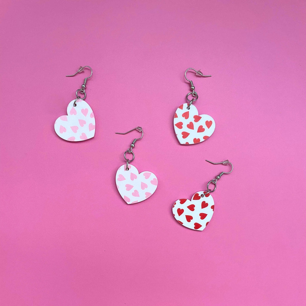 Heart Earrings – Valentine’s Day Statement Earrings, Cute Pink & Red Heart Jewelry - by MirrorPop. Handmade acrylic art.
