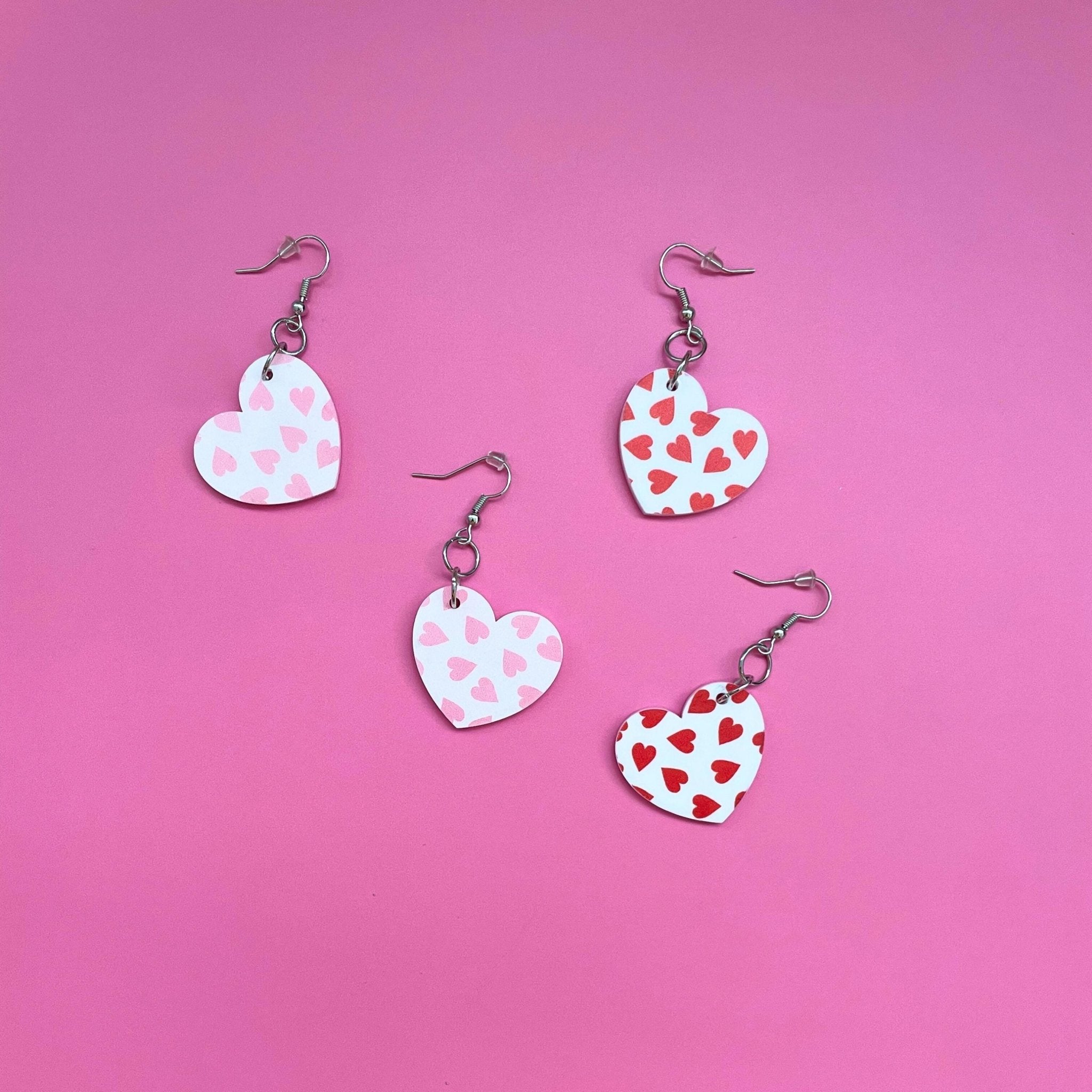 Heart Earrings – Valentine’s Day Statement Earrings, Cute Pink & Red Heart Jewelry - by MirrorPop. Handmade acrylic art.