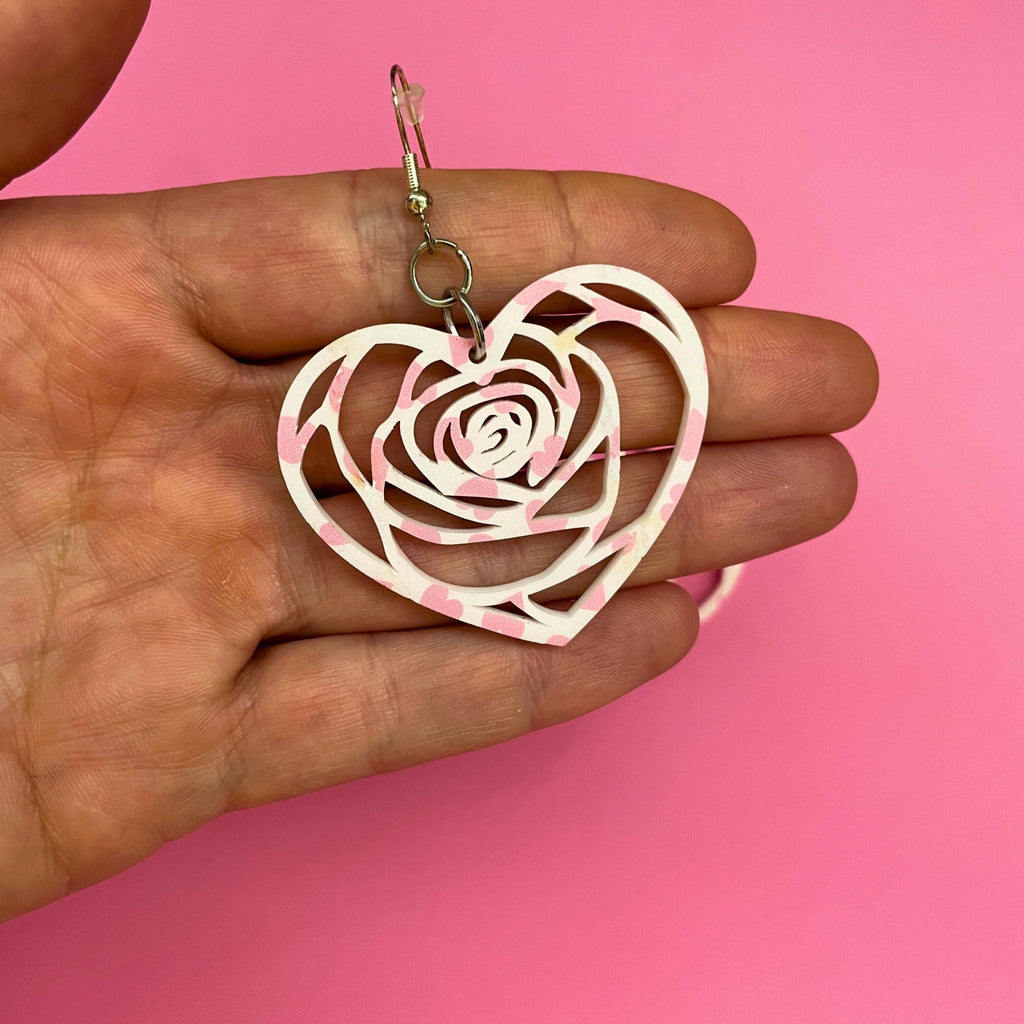 Heart Rose Swirl Earrings – Valentine’s Day Statement Earrings, Cute Pink & Red Heart Jewelry - by MirrorPop. Handmade acrylic art.