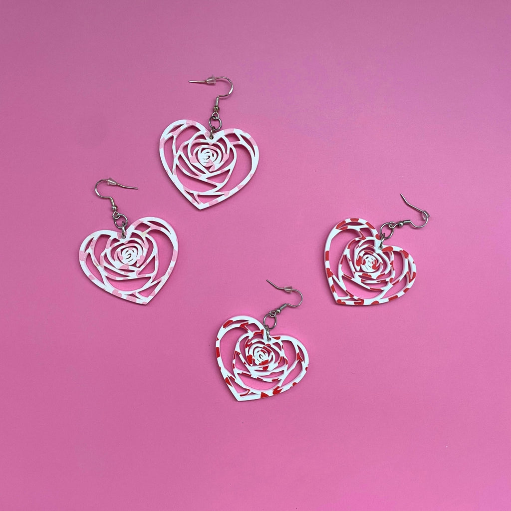 Heart Rose Swirl Earrings – Valentine’s Day Statement Earrings, Cute Pink & Red Heart Jewelry - by MirrorPop. Handmade acrylic art.