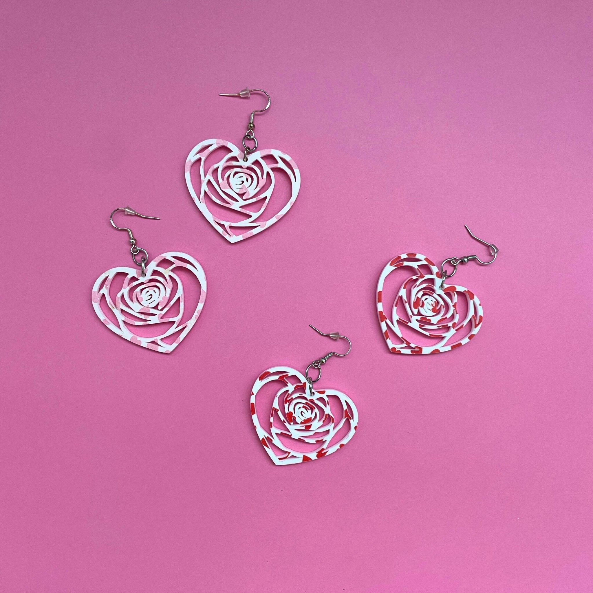 Heart Rose Swirl Earrings – Valentine’s Day Statement Earrings, Cute Pink & Red Heart Jewelry - by MirrorPop. Handmade acrylic art.