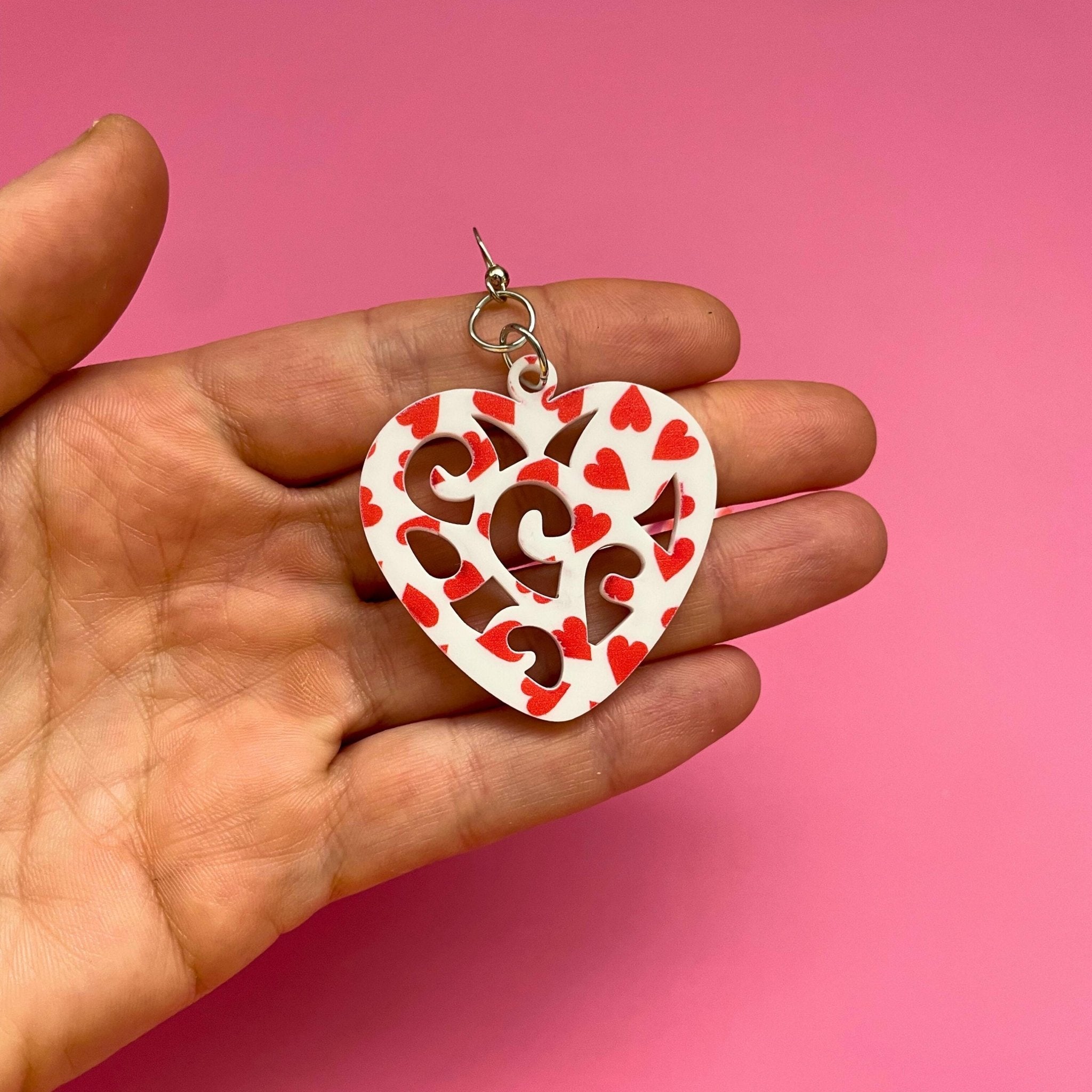 Heart Rose Swirl Earrings – Valentine’s Day Statement Earrings, Cute Pink & Red Heart Jewelry - by MirrorPop. Handmade acrylic art.