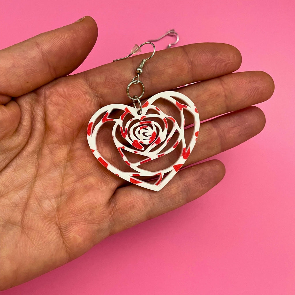 Heart Rose Swirl Earrings – Valentine’s Day Statement Earrings, Cute Pink & Red Heart Jewelry - by MirrorPop. Handmade acrylic art.