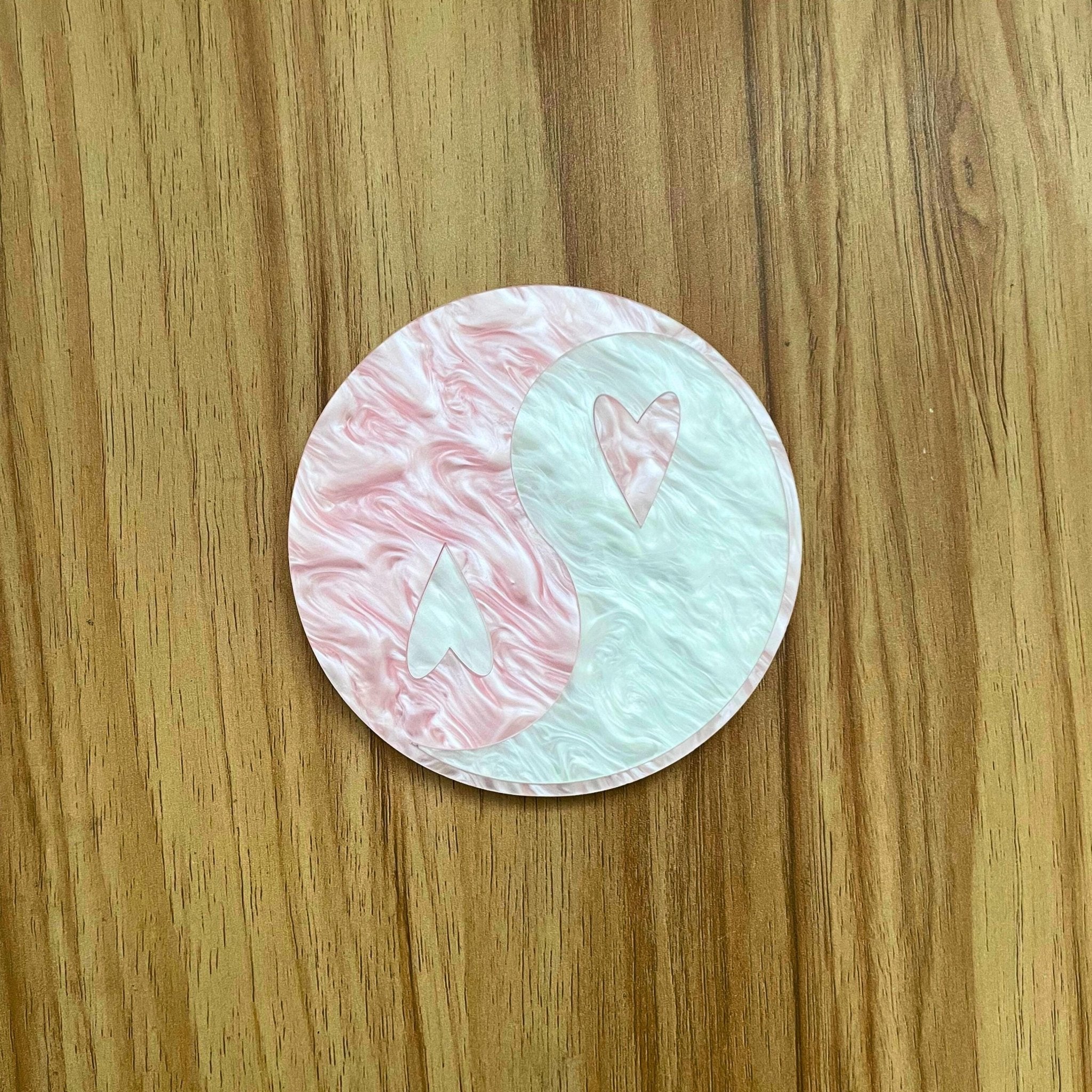 Heart Yin - Yang Coaster - Valentine's Day Pink Pearl White Acrylic Funky Home Decor - by MirrorPop. Handmade acrylic art.