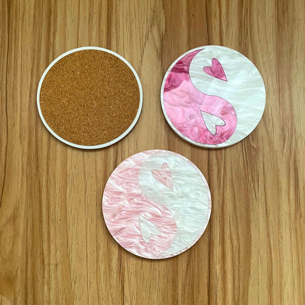 Heart Yin - Yang Coaster - Valentine's Day Pink Pearl White Acrylic Funky Home Decor - by MirrorPop. Handmade acrylic art.