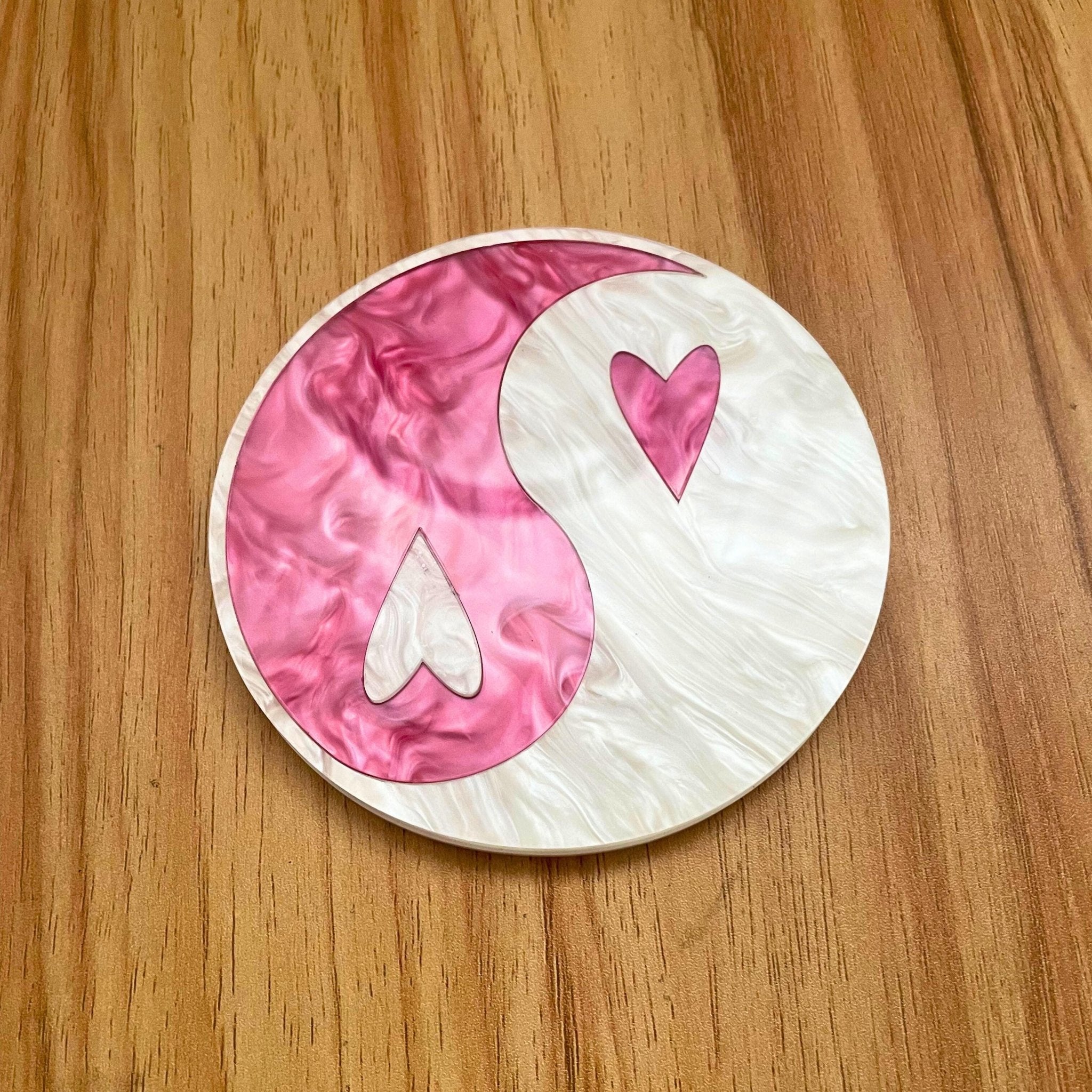 Heart Yin - Yang Coaster - Valentine's Day Pink Pearl White Acrylic Funky Home Decor - by MirrorPop. Handmade acrylic art.