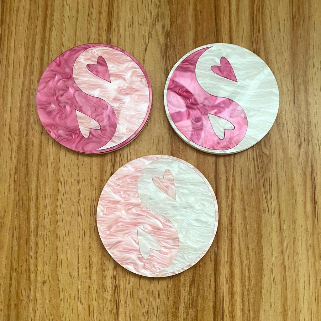 Heart Yin - Yang Coaster - Valentine's Day Pink Pearl White Acrylic Funky Home Decor - by MirrorPop. Handmade acrylic art.