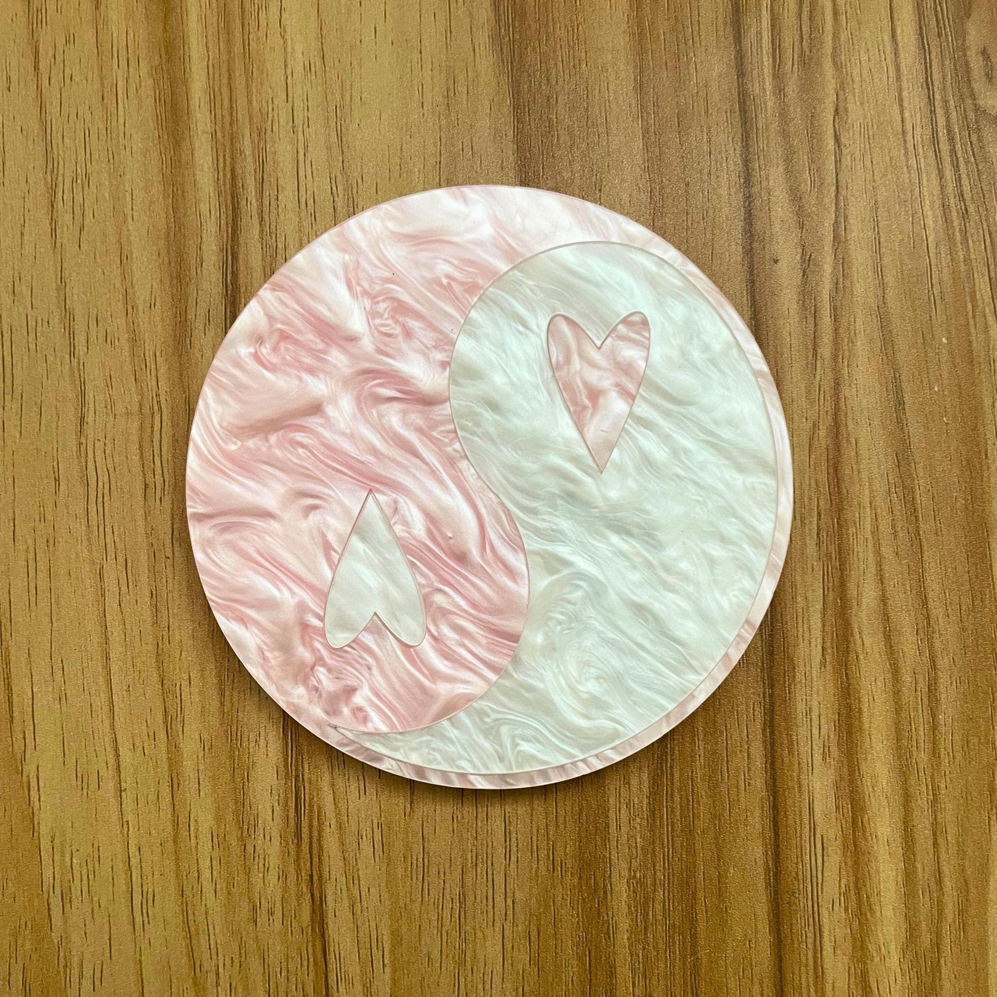Heart Yin - Yang Coaster - Valentine's Day Pink Pearl White Acrylic Funky Home Decor - by MirrorPop. Handmade acrylic art.