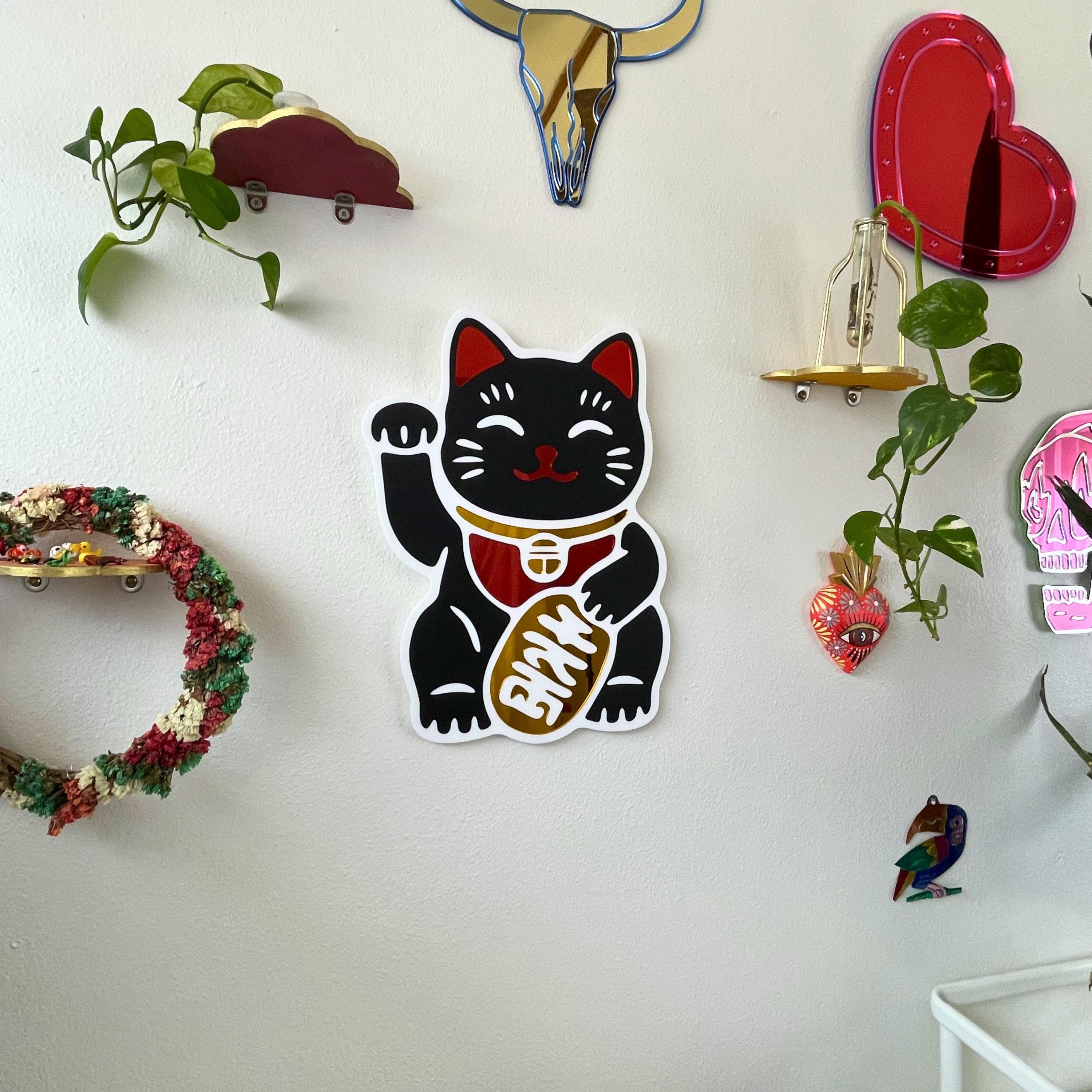 Black Lucky Cat Hero Wall Hanging Mirror (11.5 x 15.3 in)