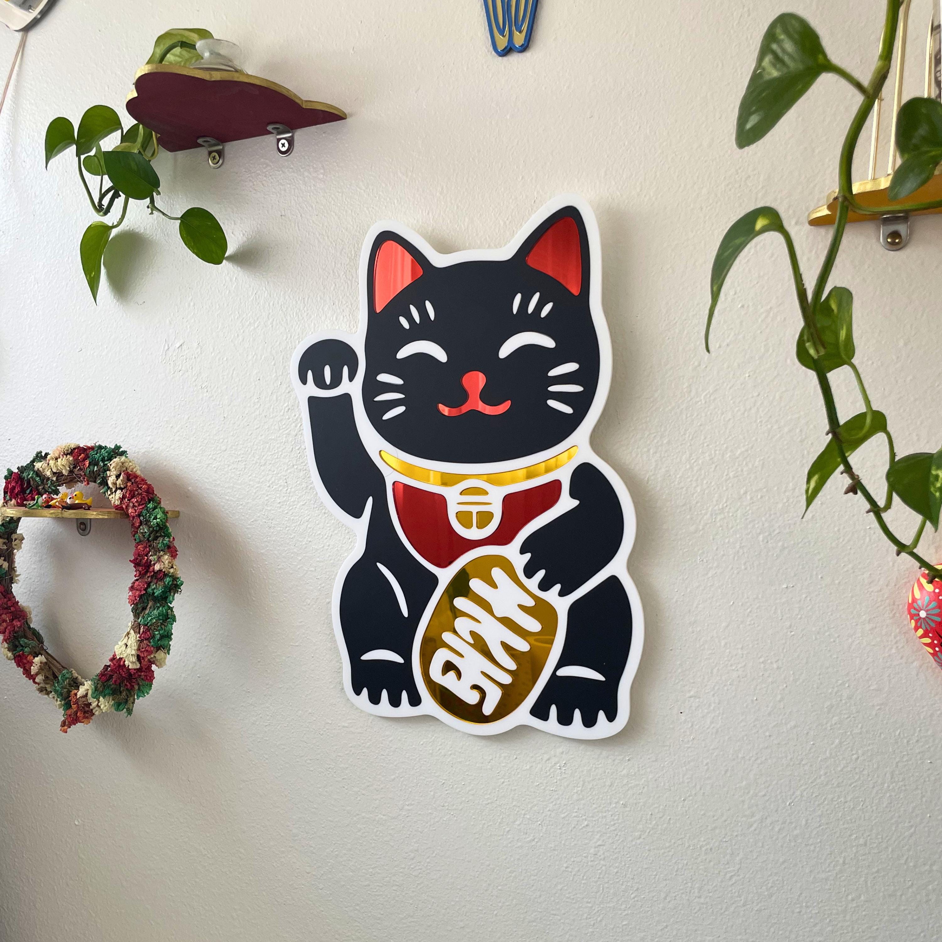 Black Lucky Cat Hero Wall Hanging Mirror (11.5 x 15.3 in)