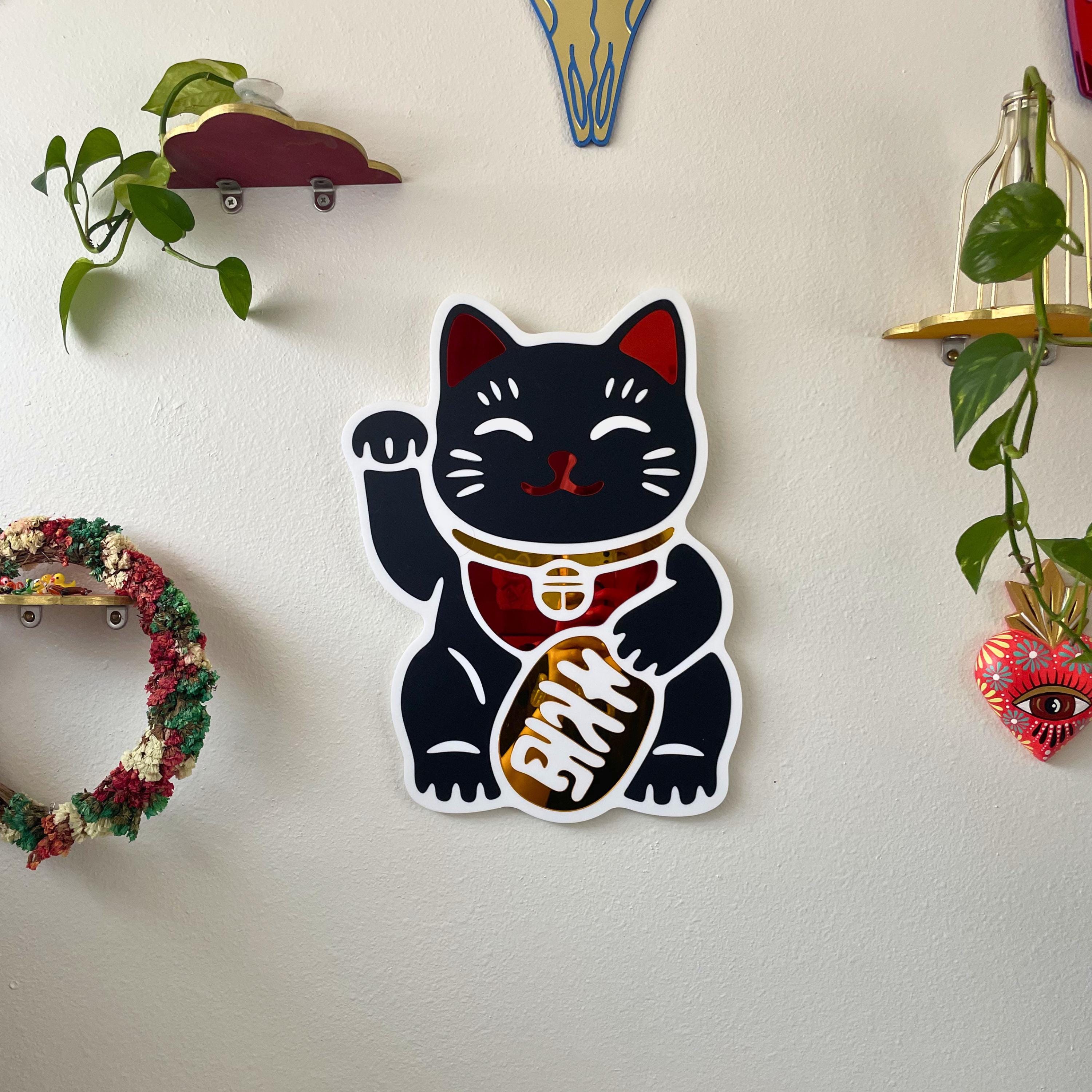 Black Lucky Cat Hero Wall Hanging Mirror (11.5 x 15.3 in)