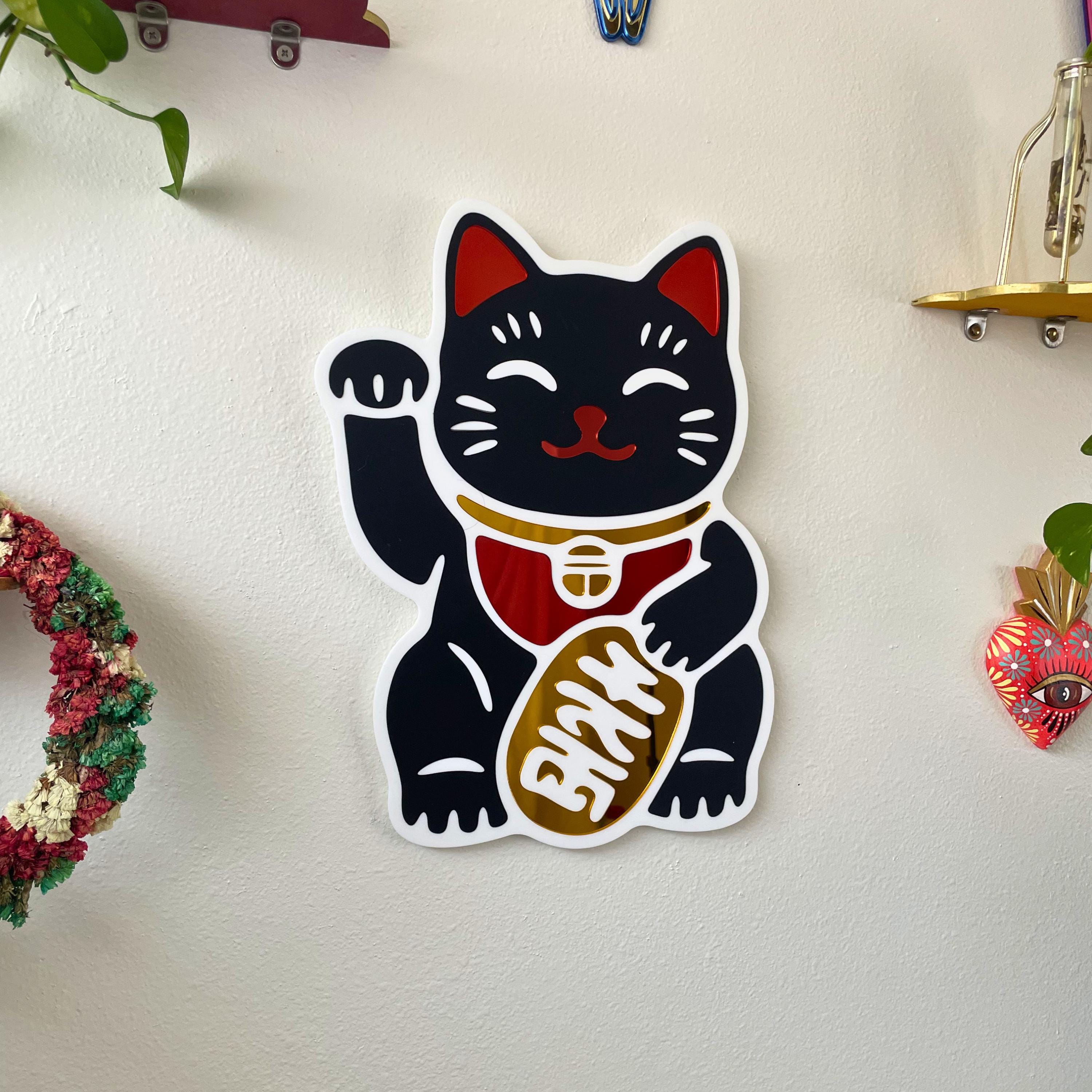 Black Lucky Cat Hero Wall Hanging Mirror (11.5 x 15.3 in)