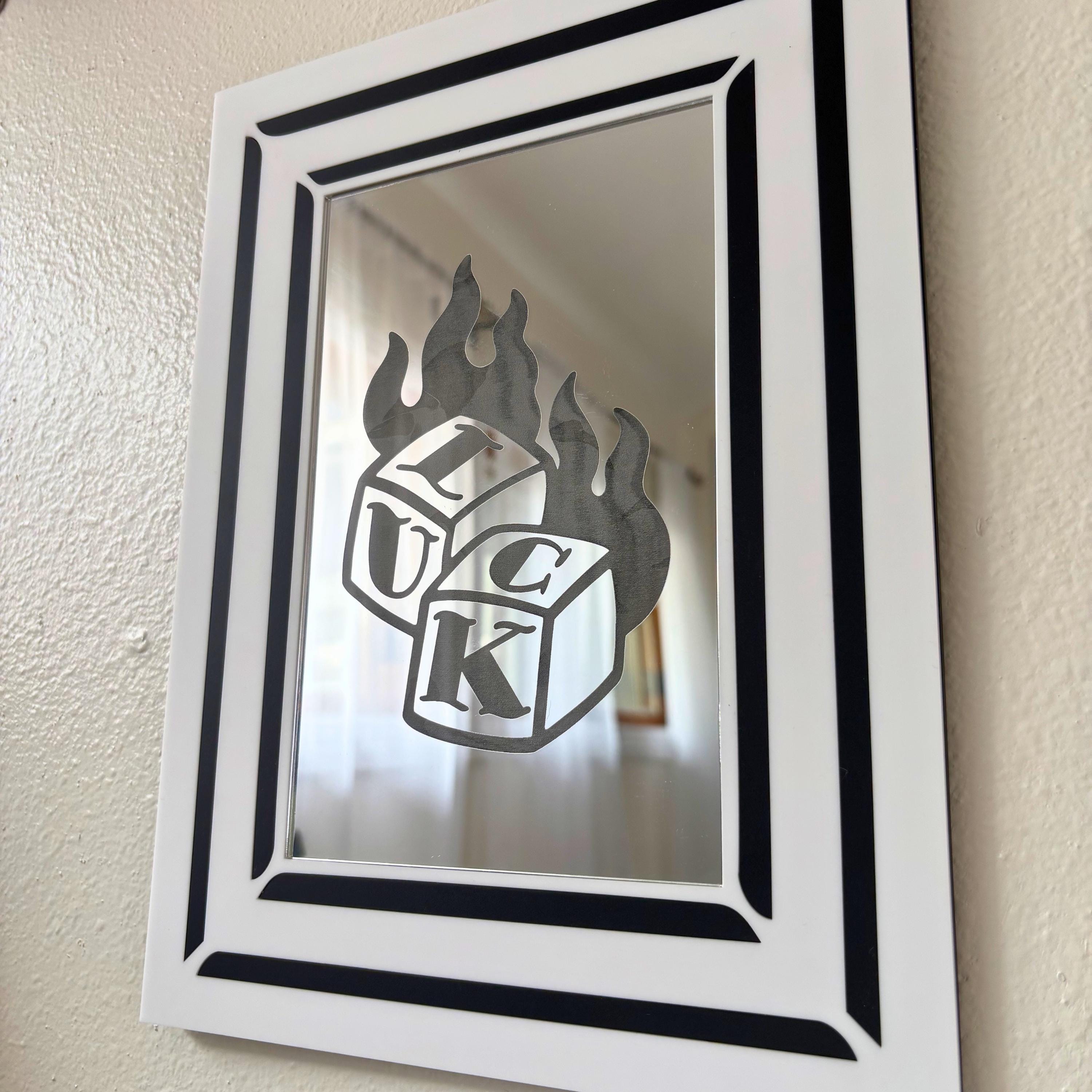 Engraved Flaming Lucky Dice Mirror
