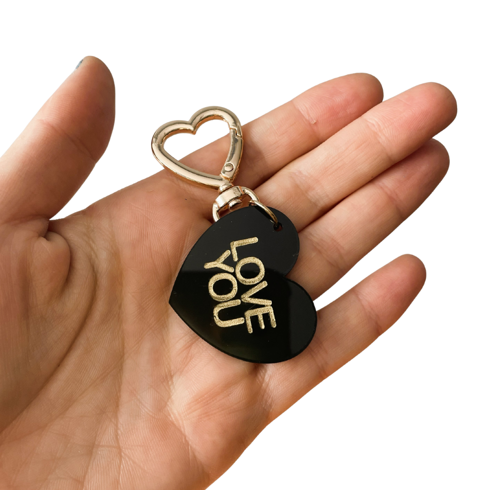 Love You Trinket Bag Charm Key Chain | Handmade Heart Black Acrylic