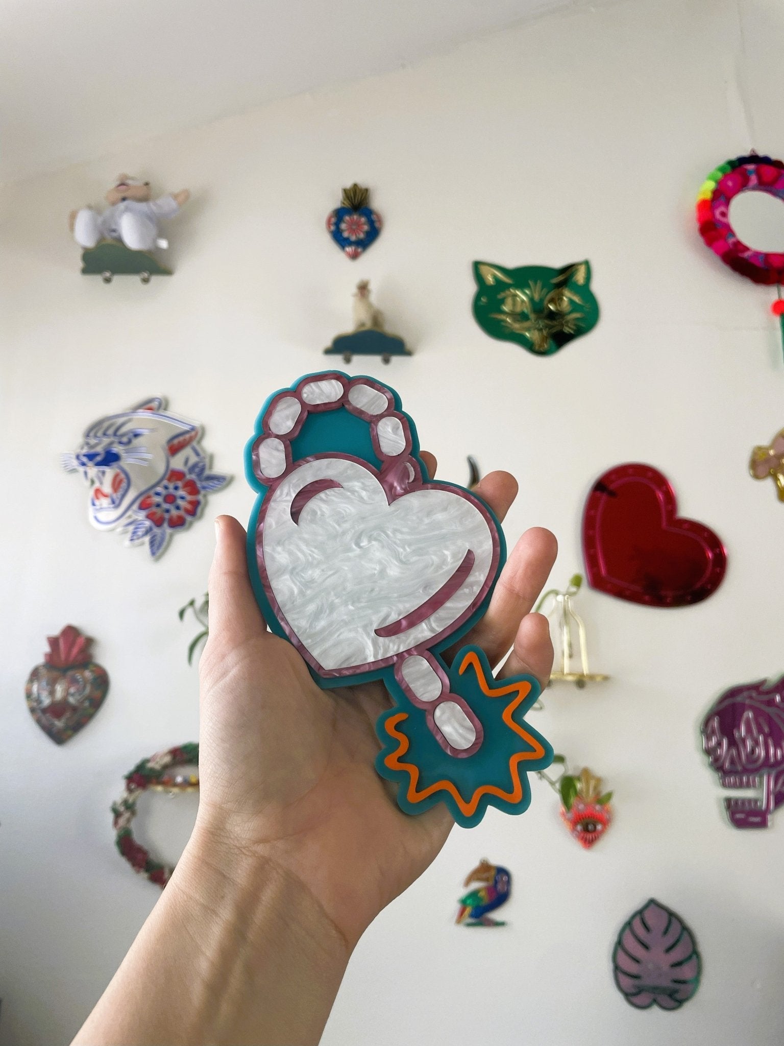 LoveBomb Wall Hanging - Teal & Pearl Pink White Acrylic Gallery Wall Art Decor - by MirrorPop. Handmade acrylic art.