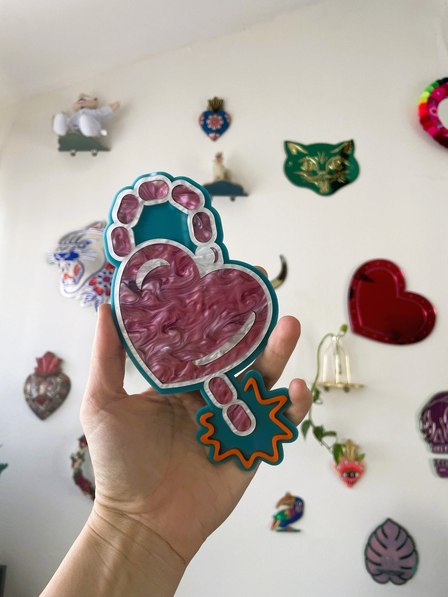 LoveBomb Wall Hanging - Teal & Pearl Pink White Acrylic Gallery Wall Art Decor - by MirrorPop. Handmade acrylic art.