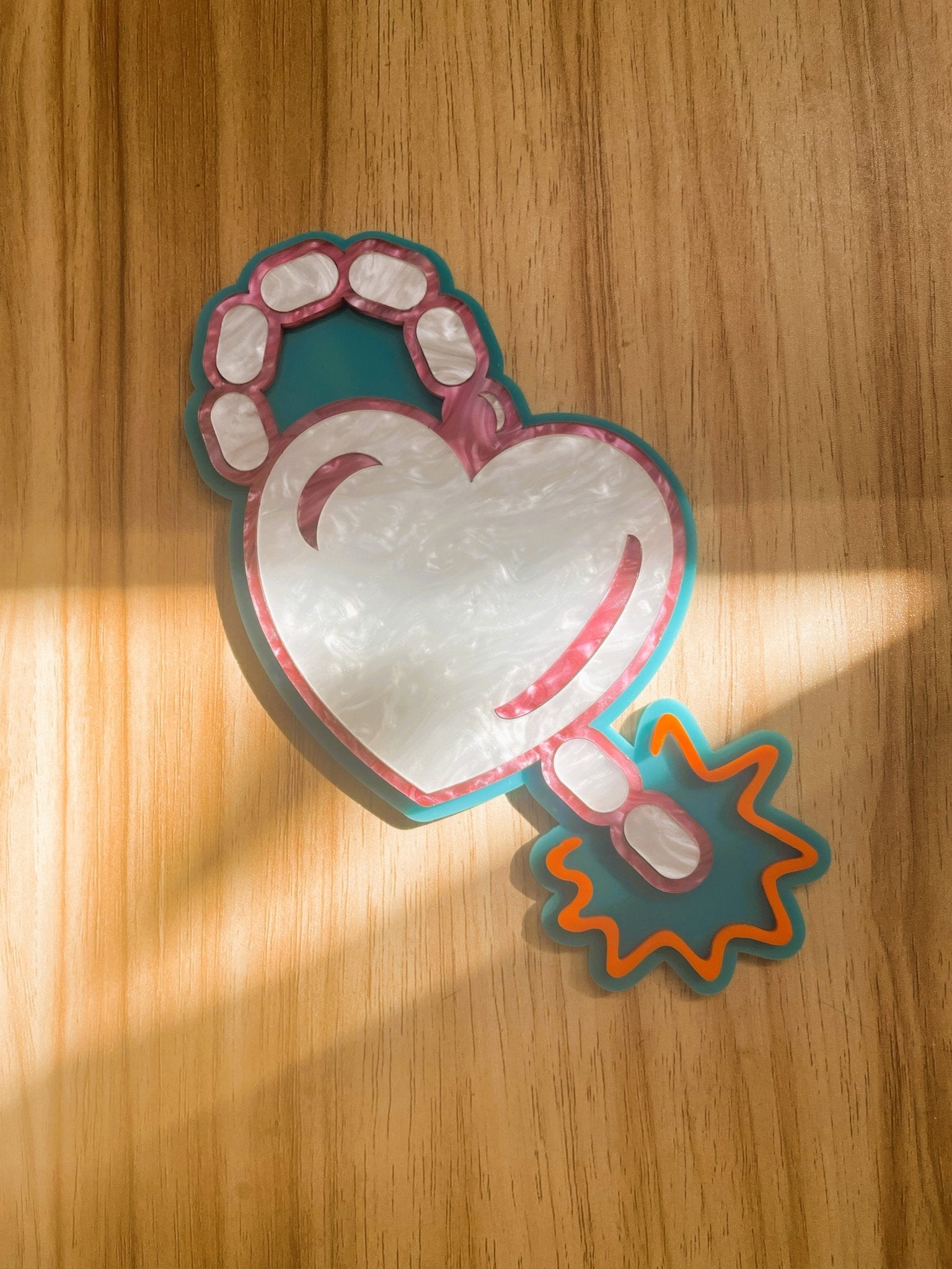 LoveBomb Wall Hanging - Teal & Pearl Pink White Acrylic Gallery Wall Art Decor - by MirrorPop. Handmade acrylic art.