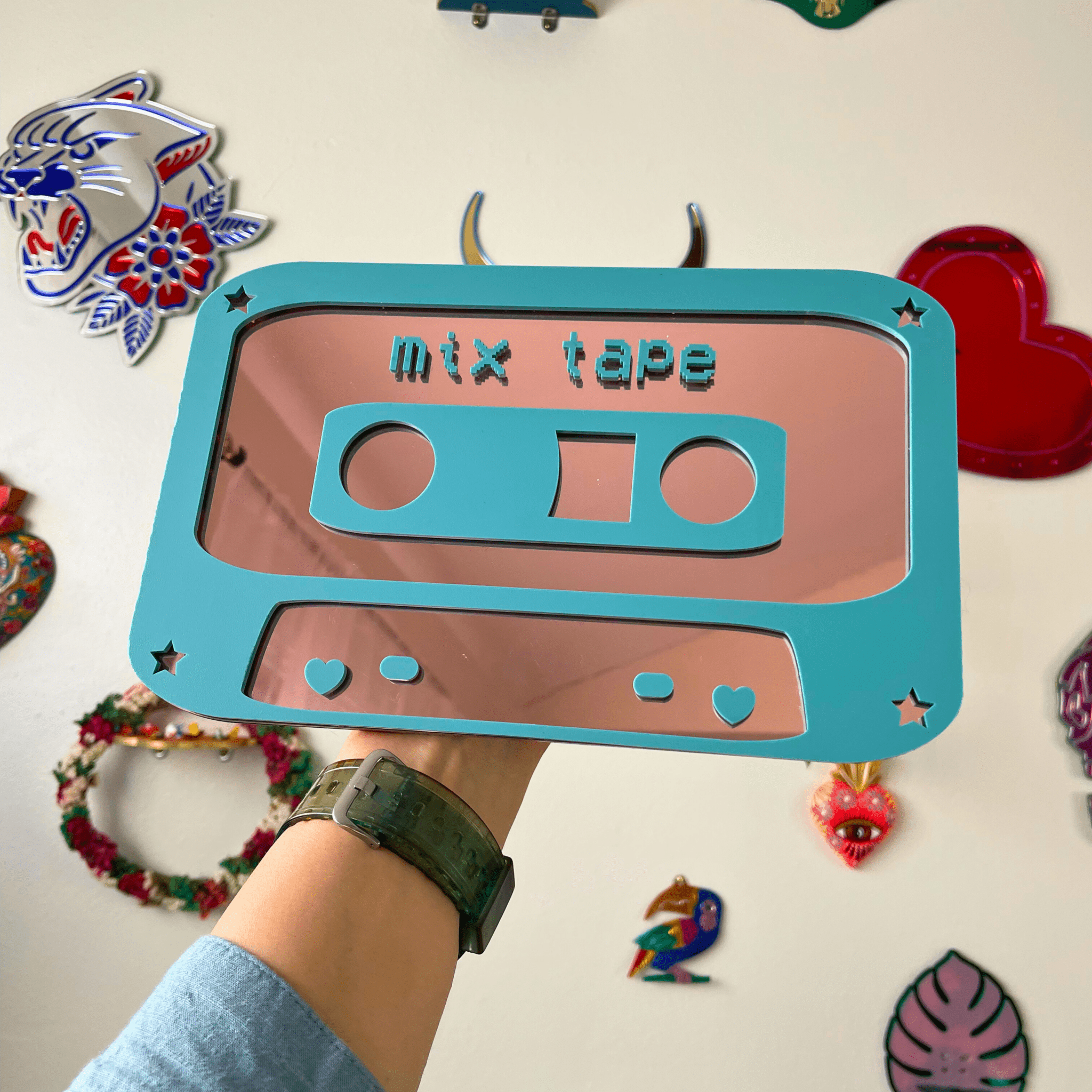 Mix Tape Mirror - Retro Cassette Mirror: Y2K Colorful Acrylic Gallery Wall Hanging Decor - by MirrorPop. Handmade acrylic art.