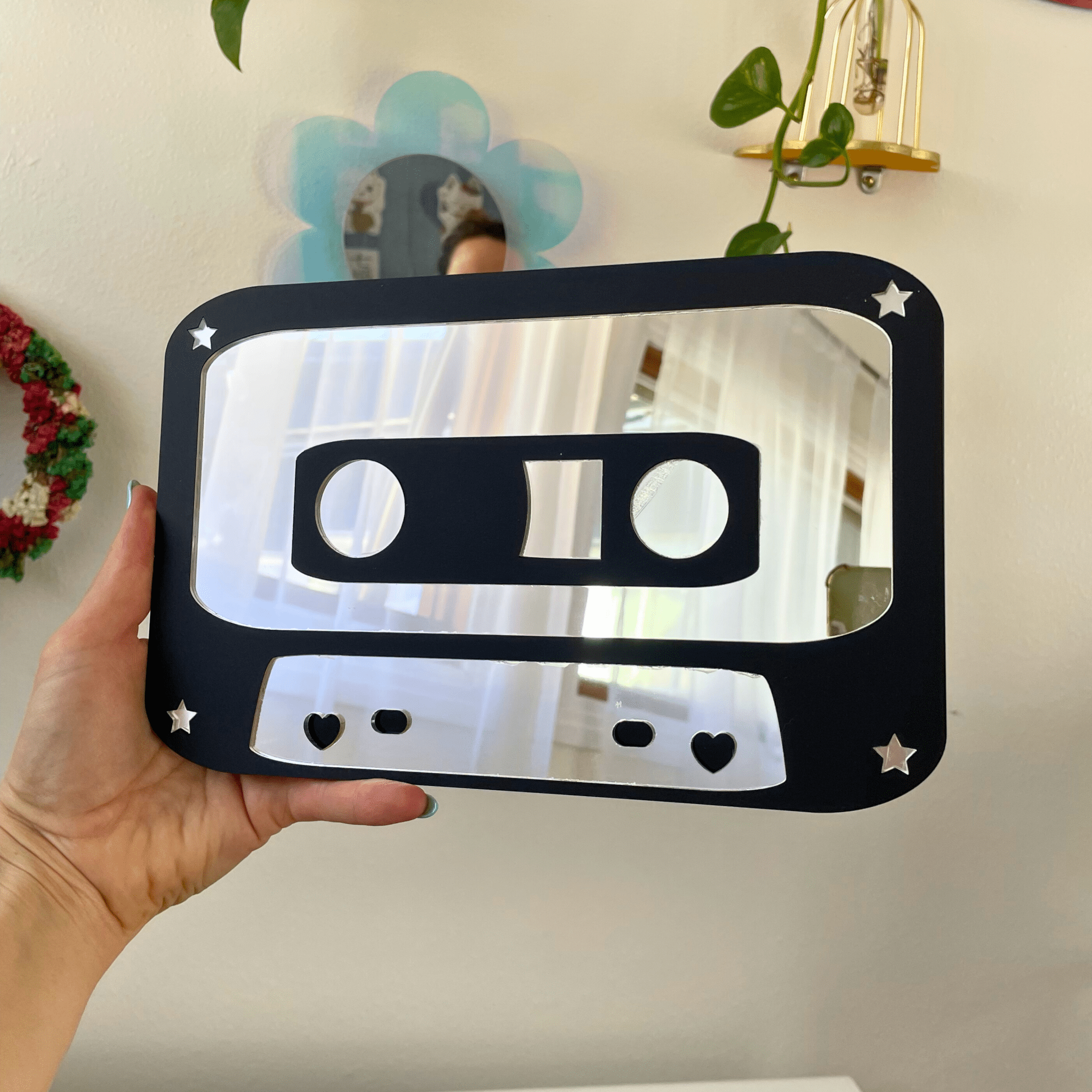 Mix Tape Mirror - Retro Cassette Mirror: Y2K Colorful Acrylic Gallery Wall Hanging Decor - by MirrorPop. Handmade acrylic art.