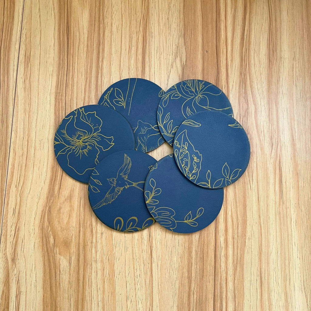 Modern Floral Acrylic Coaster – Blue & Gold Decorative Drink Coaster for Home - by MirrorPop. Handmade acrylic art.