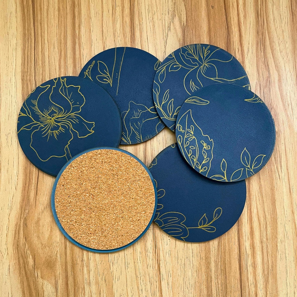 Modern Floral Acrylic Coaster – Blue & Gold Decorative Drink Coaster for Home - by MirrorPop. Handmade acrylic art.