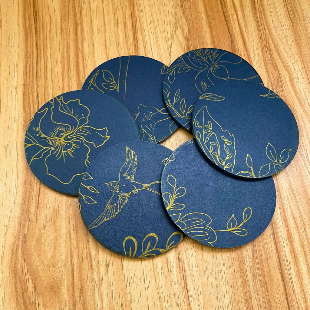 Modern Floral Acrylic Coaster – Blue & Gold Decorative Drink Coaster for Home - by MirrorPop. Handmade acrylic art.