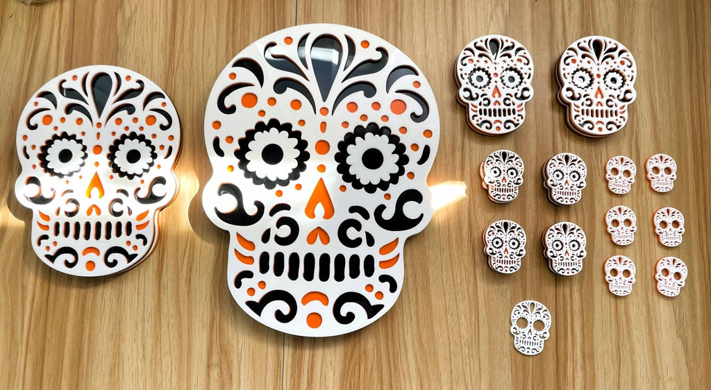 MuertosSkull Wall Hanging - Sugar Skull Gallery Wall Art, Funky Layered Acrylic Hanging - by MirrorPop. Handmade acrylic art.
