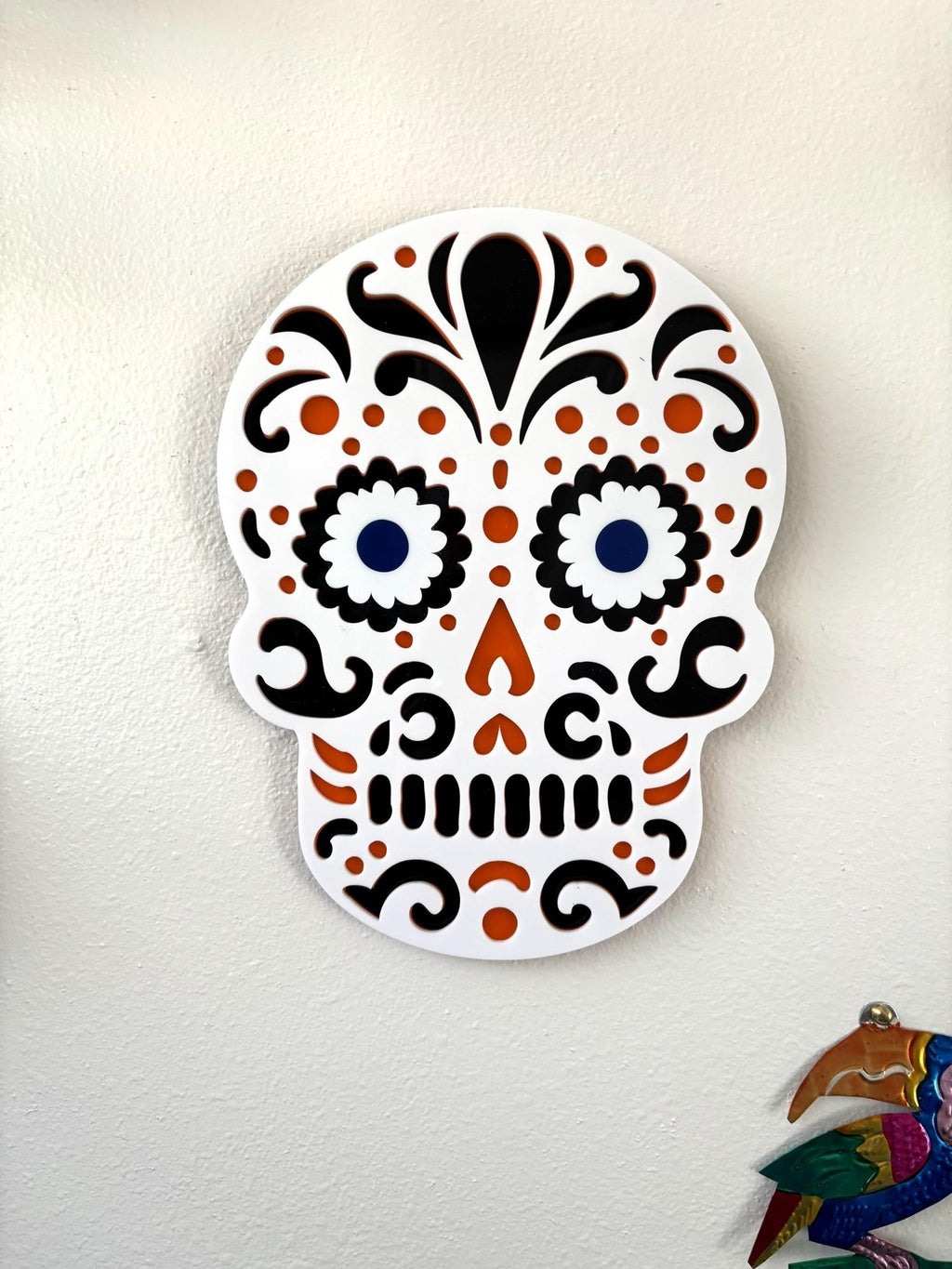 MuertosSkull Wall Hanging - Sugar Skull Gallery Wall Art, Funky Layered Acrylic Hanging - by MirrorPop. Handmade acrylic art.