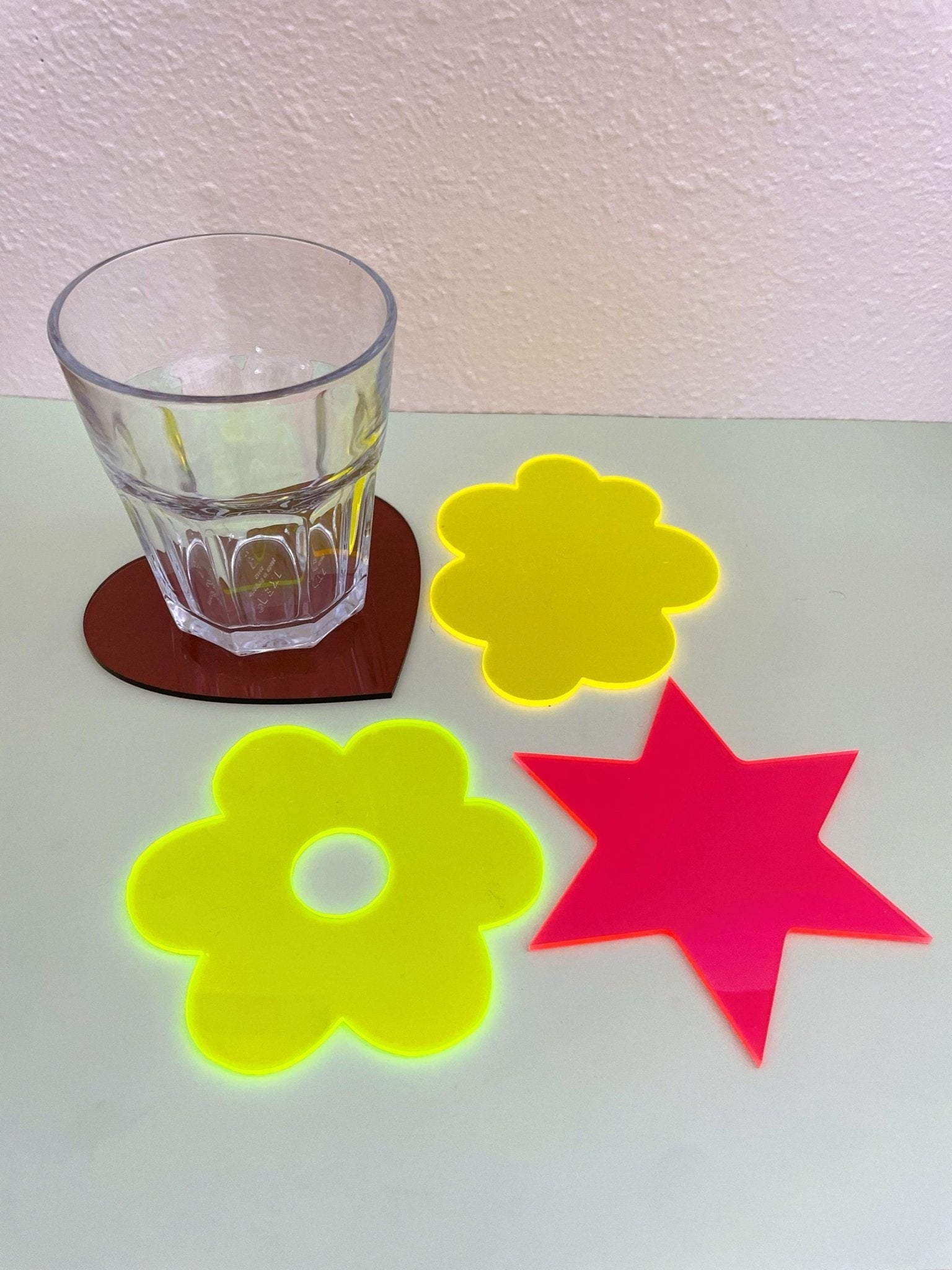 Neon Fluorescent Retro Coasters – Funky Heart, Star, Cloud, Flower Shapes - by MirrorPop. Handmade acrylic art.