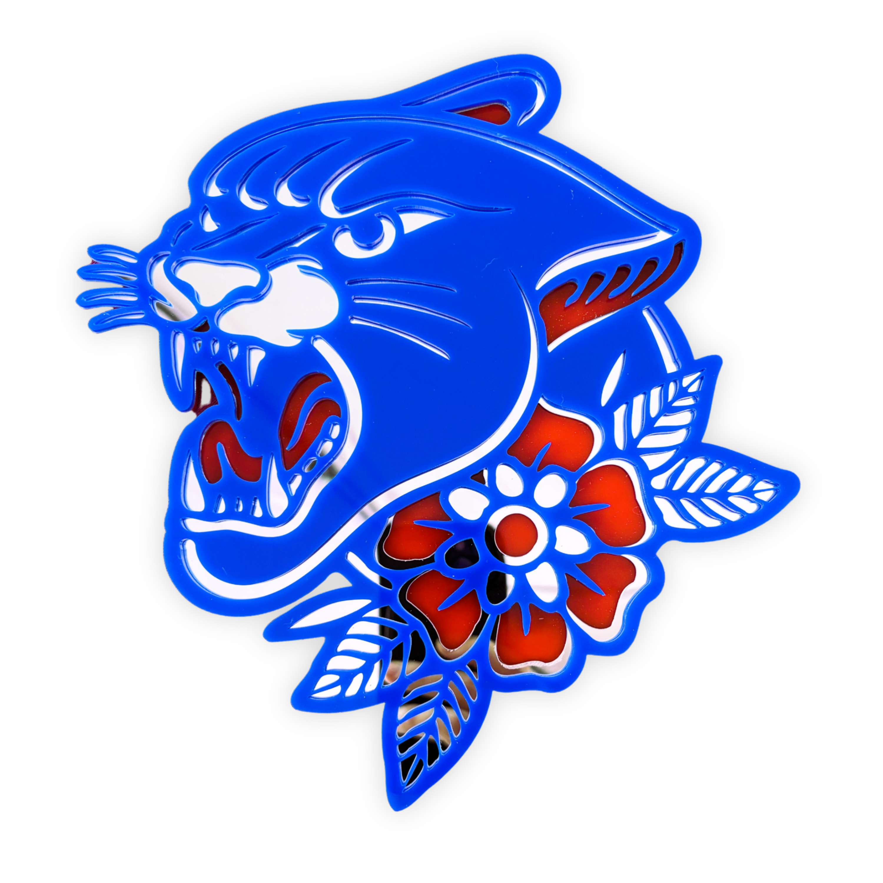 Blue panther head design with red flowers on a white background